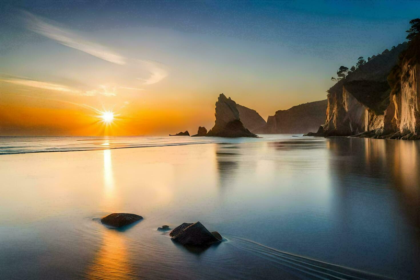 le Soleil ensembles plus de le océan et rochers dans le l'eau. généré par ai photo