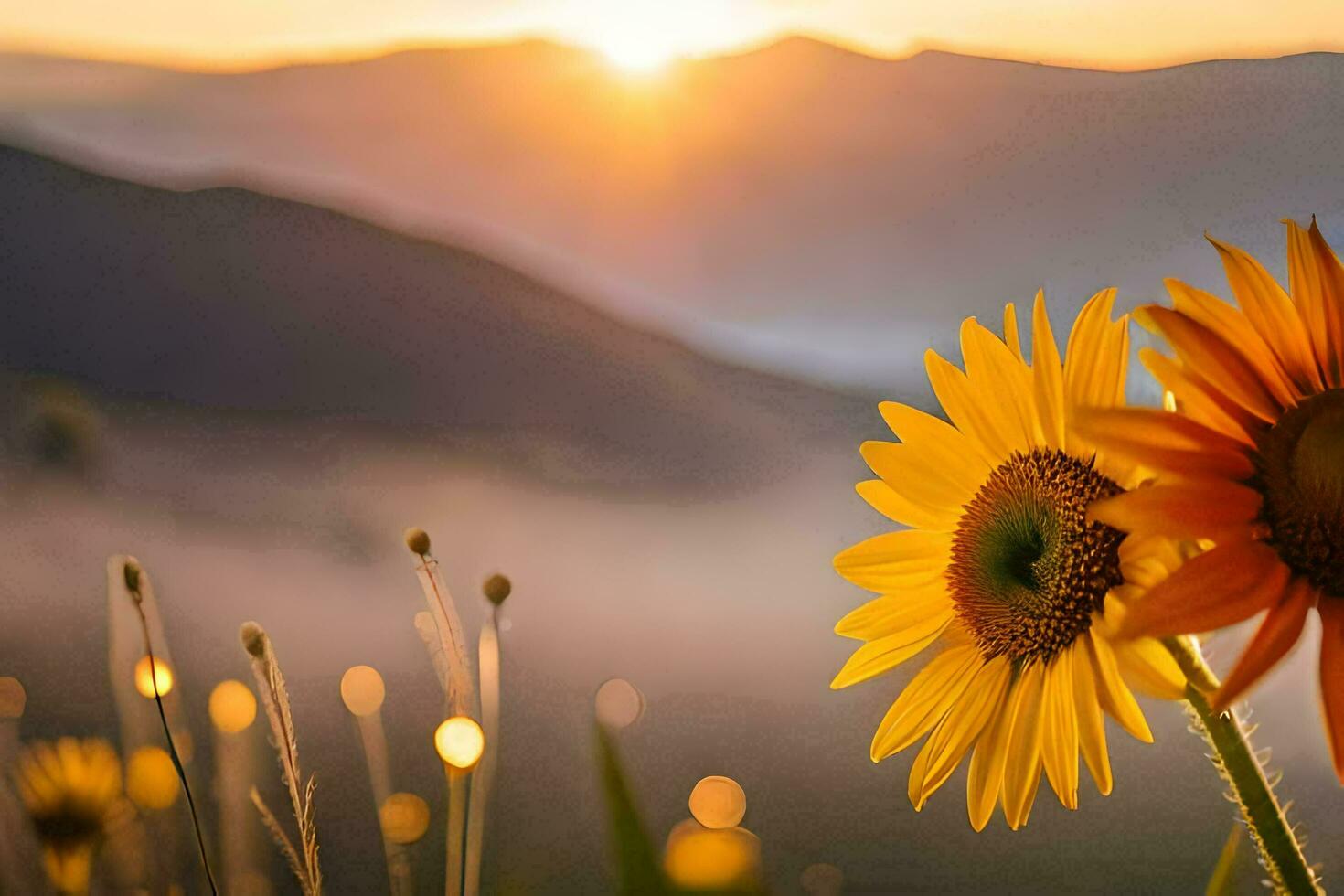 tournesols dans le brume, montagnes, lever du soleil, lever du soleil, le soleil, nature, la nature. généré par ai photo