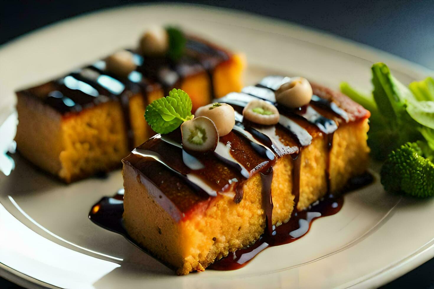 deux pièces de gâteau sur une assiette avec sauce. généré par ai photo