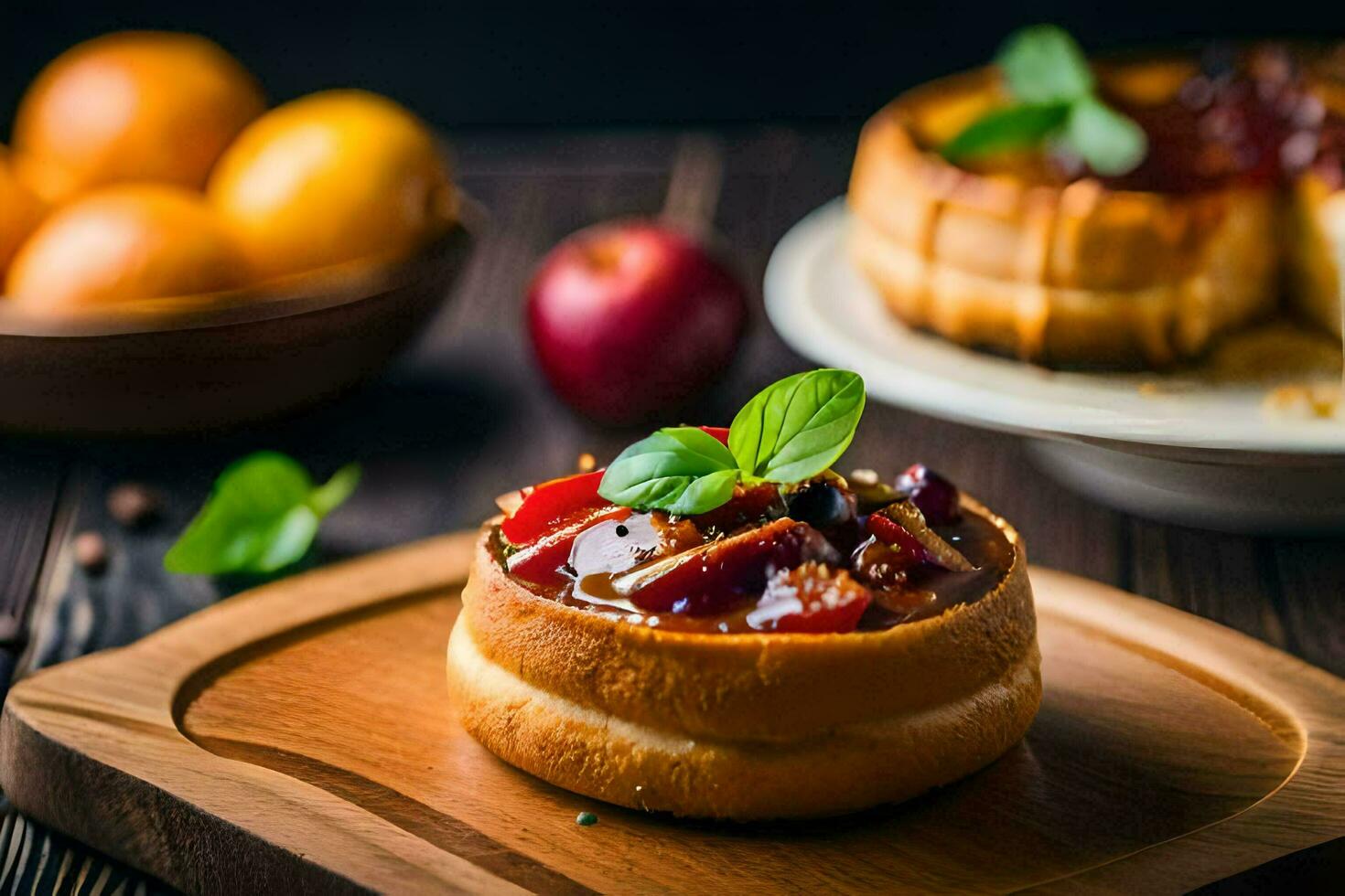 une dessert avec pommes et menthe sur une en bois planche. généré par ai photo