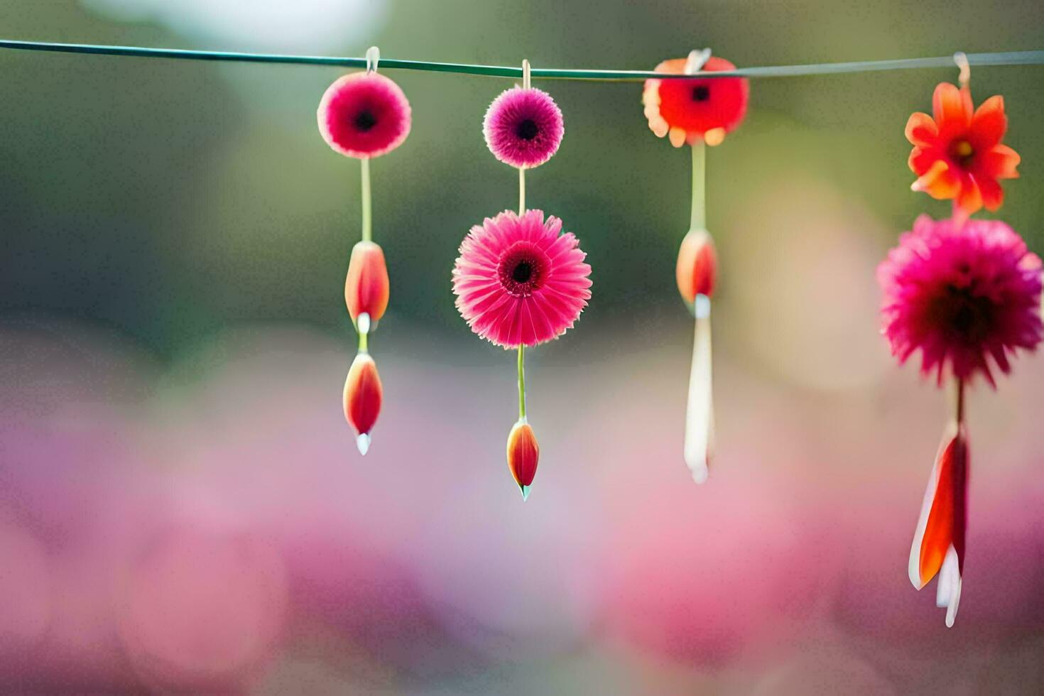 coloré fleurs pendaison de une fil. généré par ai photo