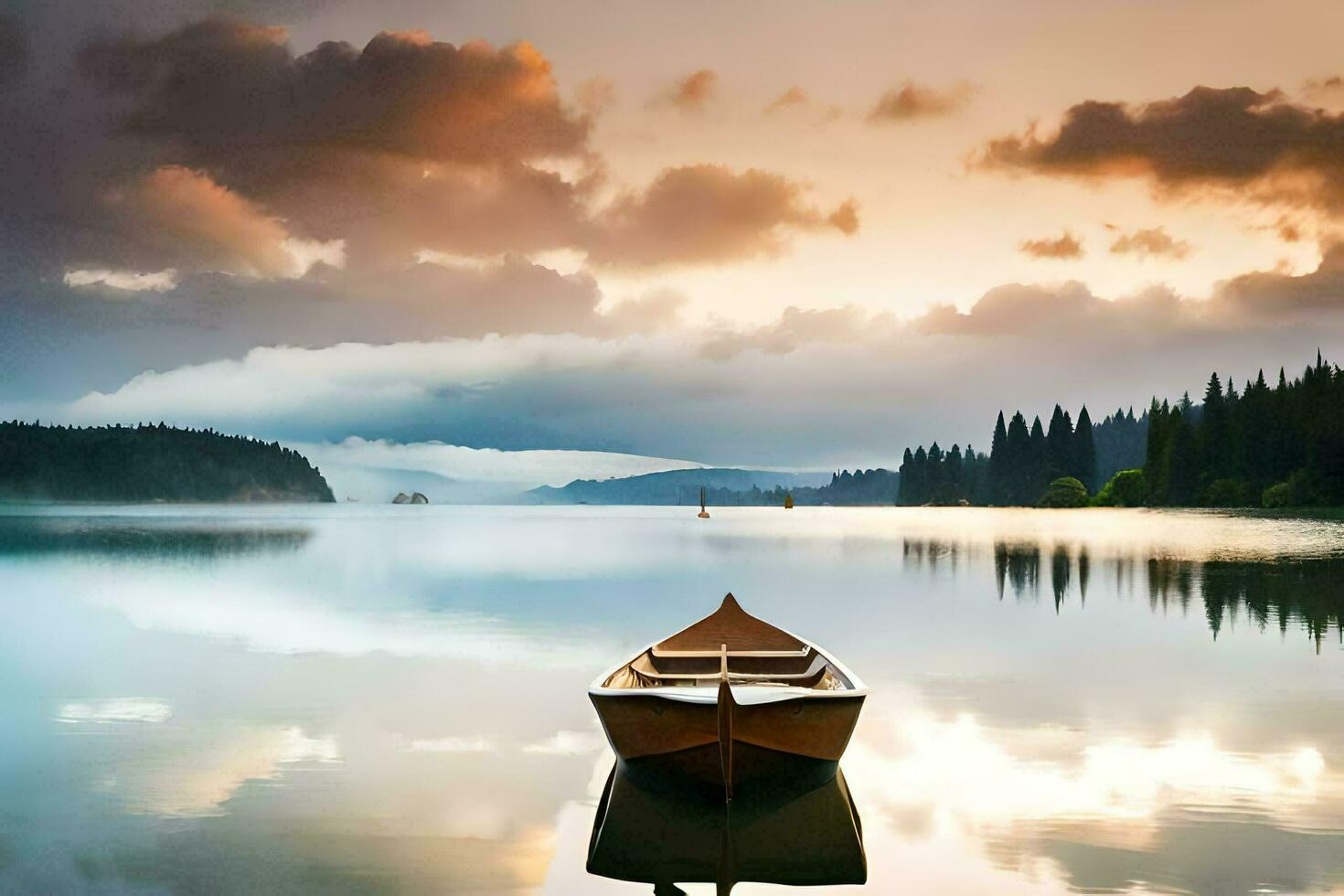une bateau est assis sur le calme l'eau à le coucher du soleil. généré par ai photo