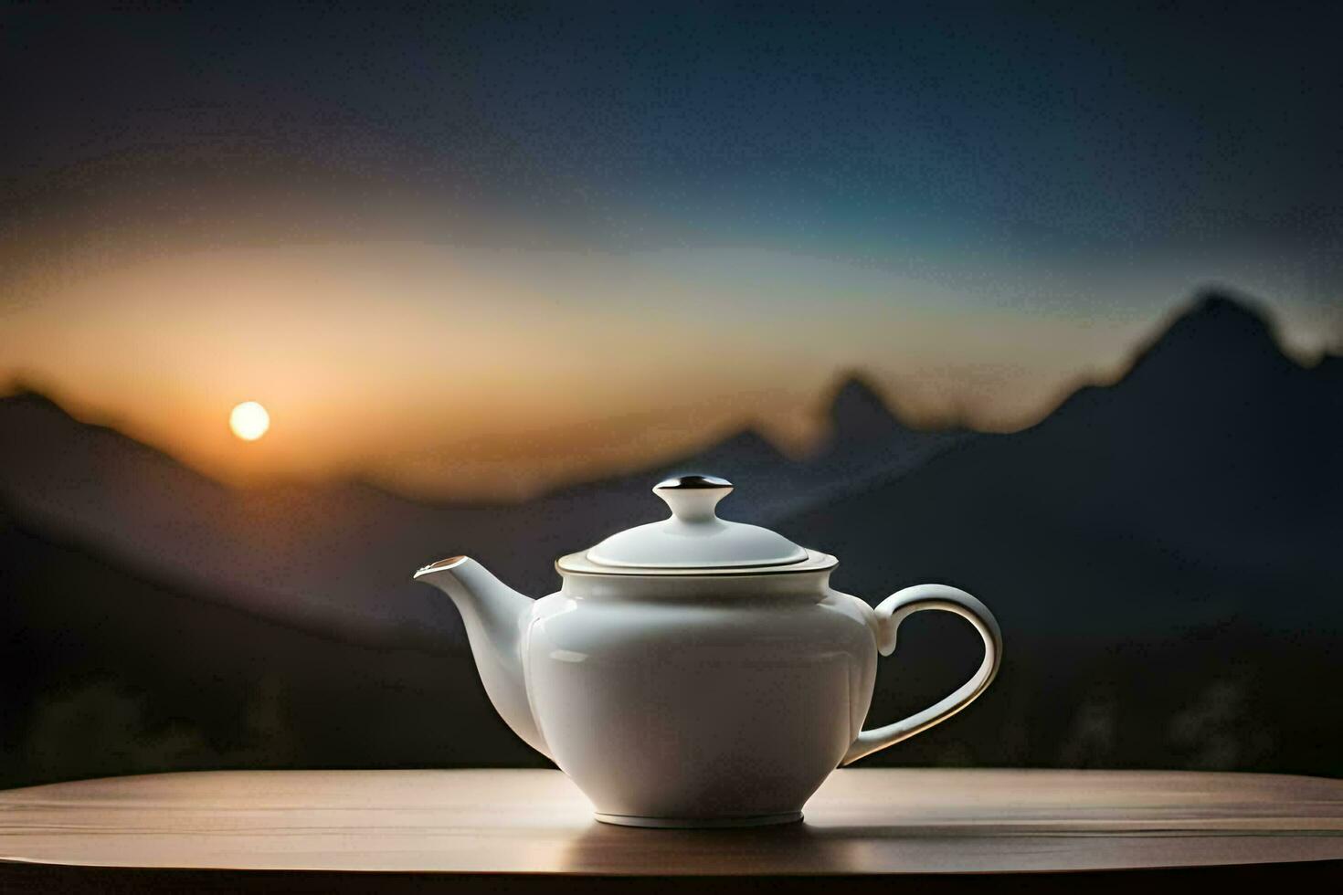 thé pot, montagne, coucher de soleil, thé, montagne, thé pot, théière,. généré par ai photo