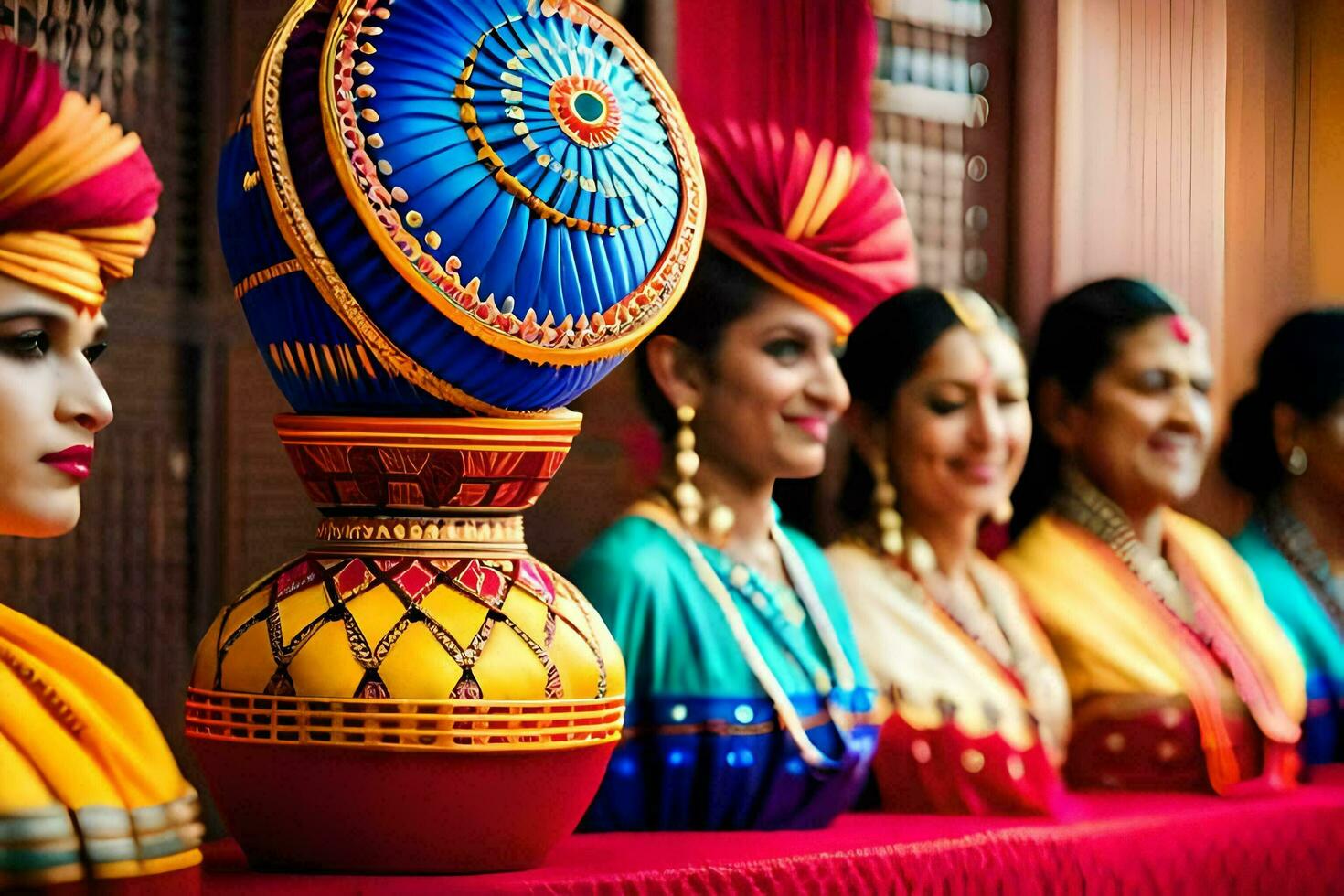 une groupe de femmes dans coloré tenues permanent suivant à une vase. généré par ai photo