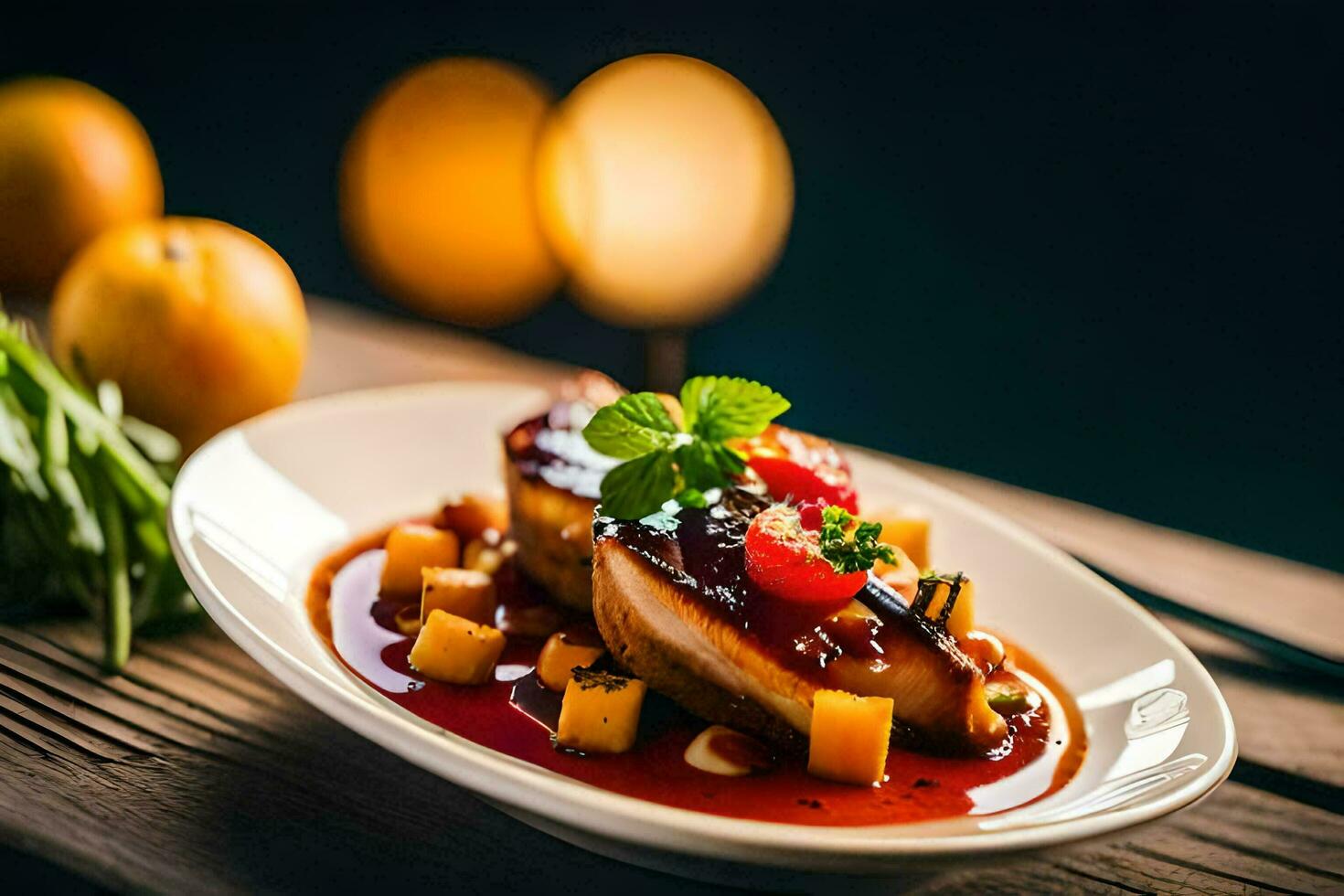 une assiette de nourriture avec Viande et des légumes sur une en bois tableau. généré par ai photo