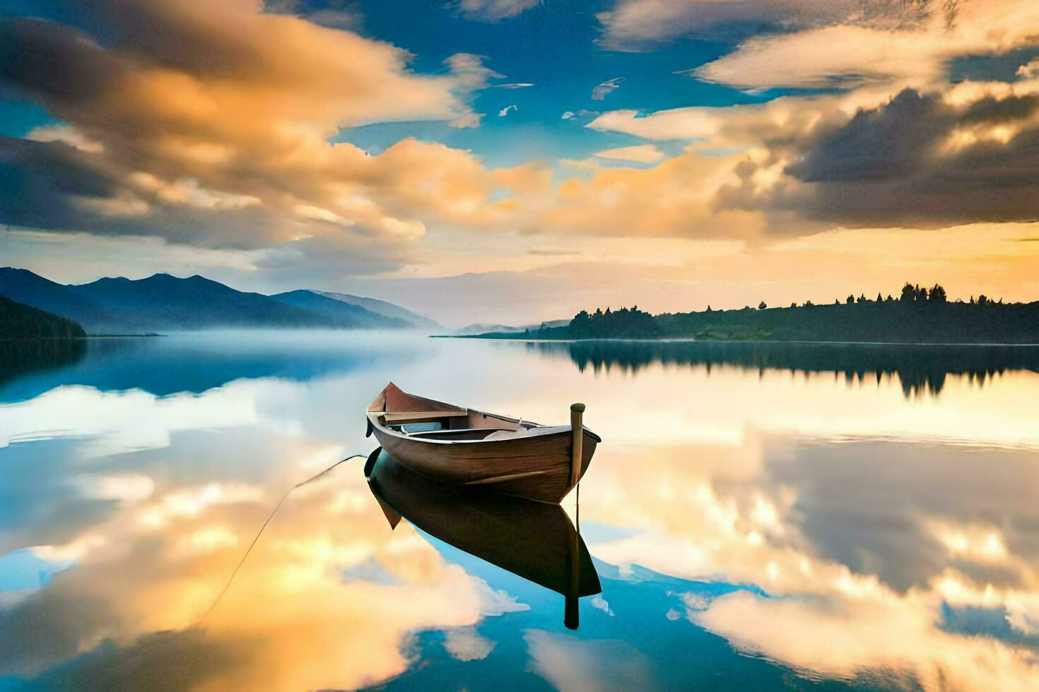 une bateau est flottant sur une calme Lac à le coucher du soleil. généré par ai photo