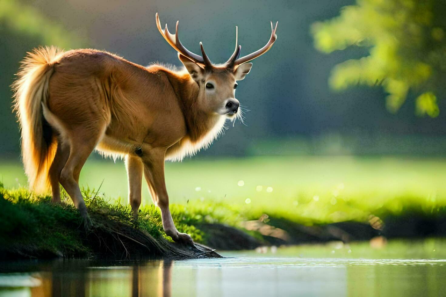 une cerf des stands sur le bord de une rivière. généré par ai photo