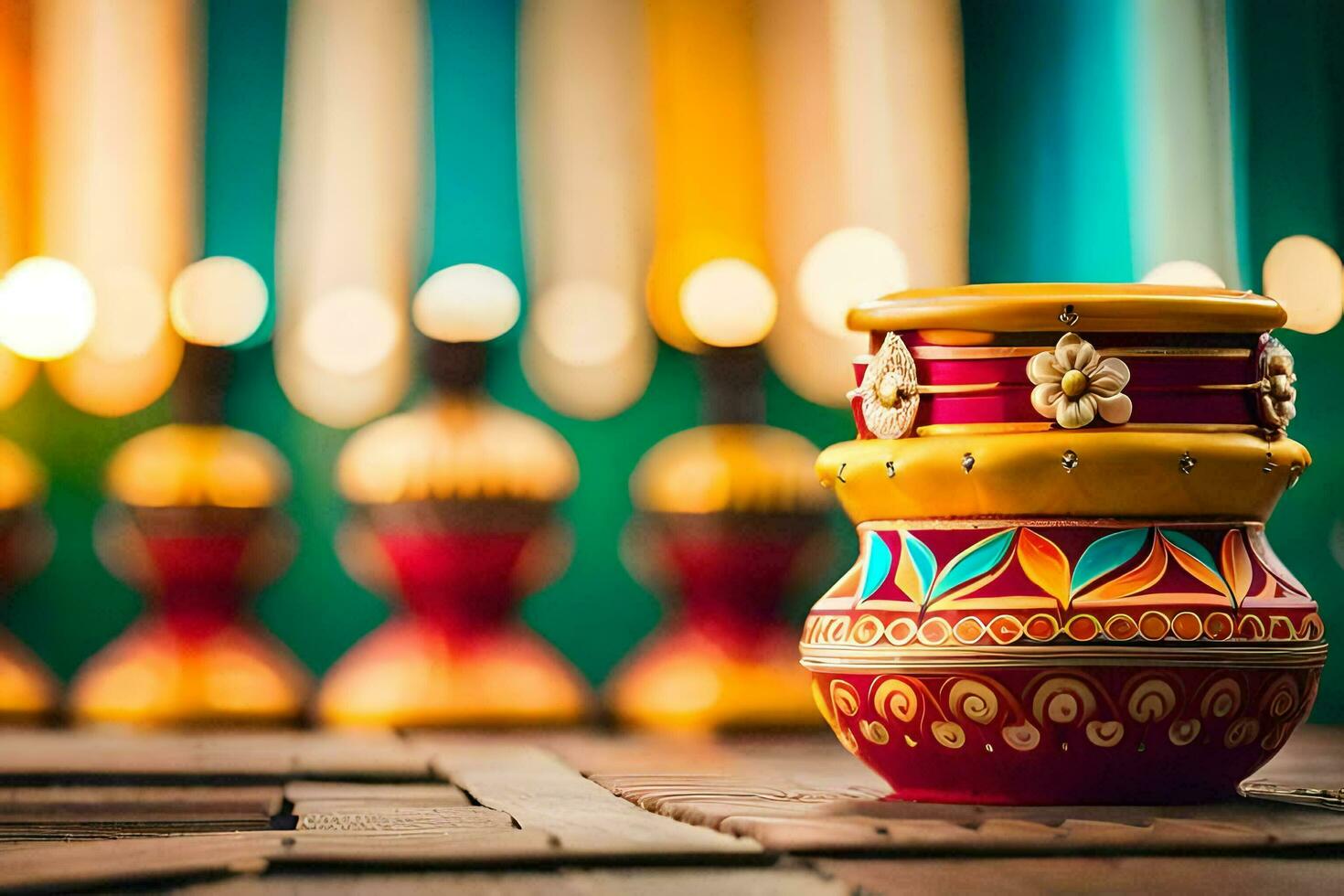 coloré des vases sur une table avec bougies dans le Contexte. généré par ai photo