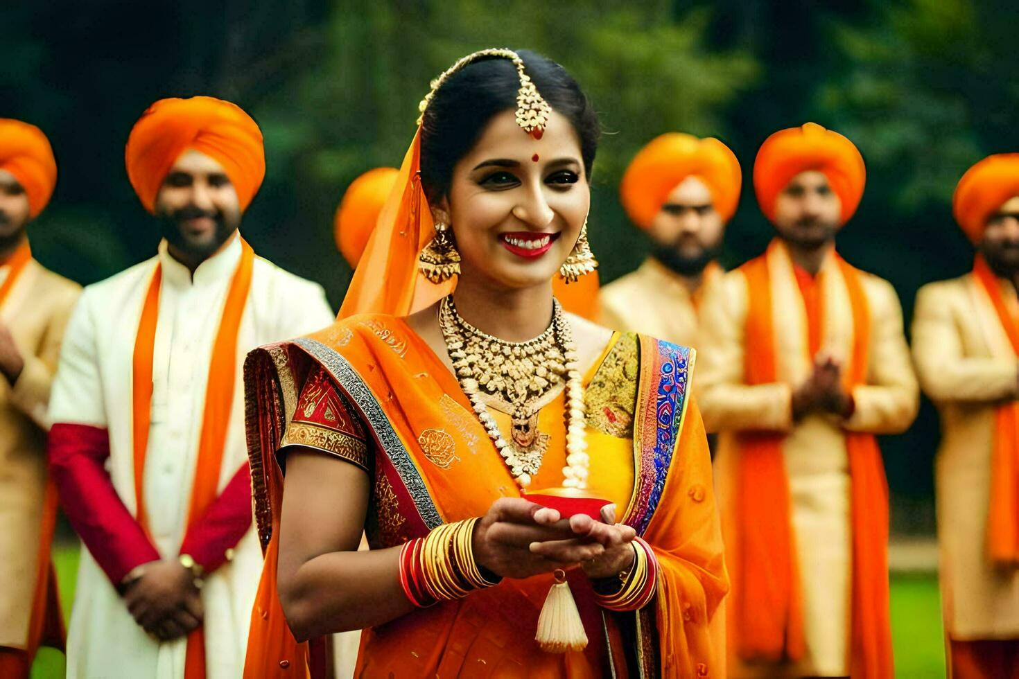 une femme dans un Orange sari avec sa mari et autre Hommes. généré par ai photo