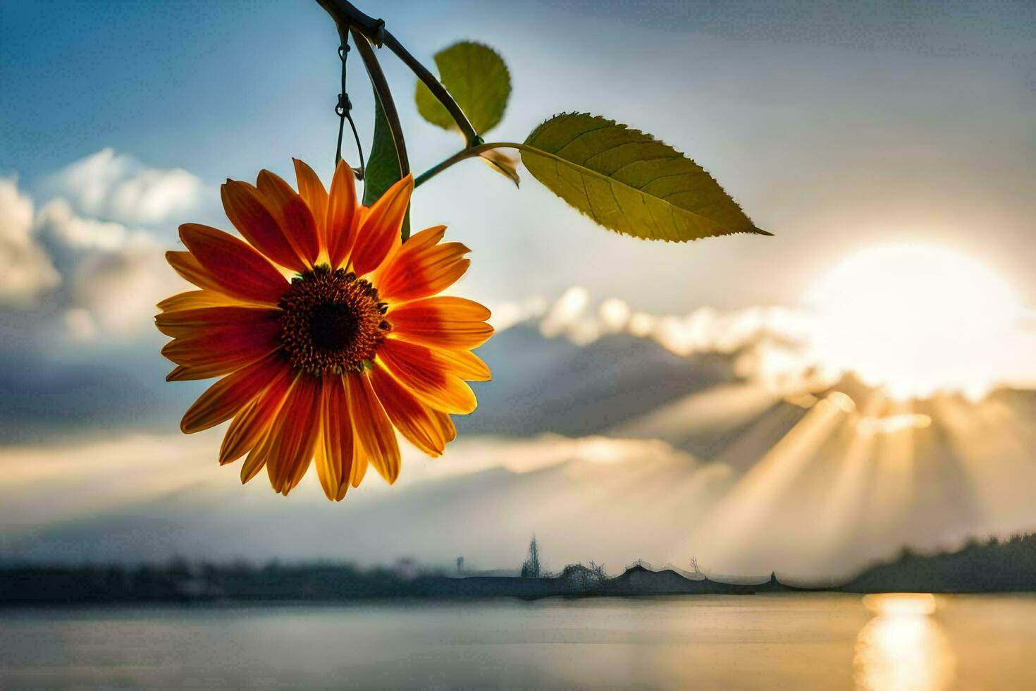 tournesol sur une branche avec le Soleil brillant derrière il. généré par ai photo