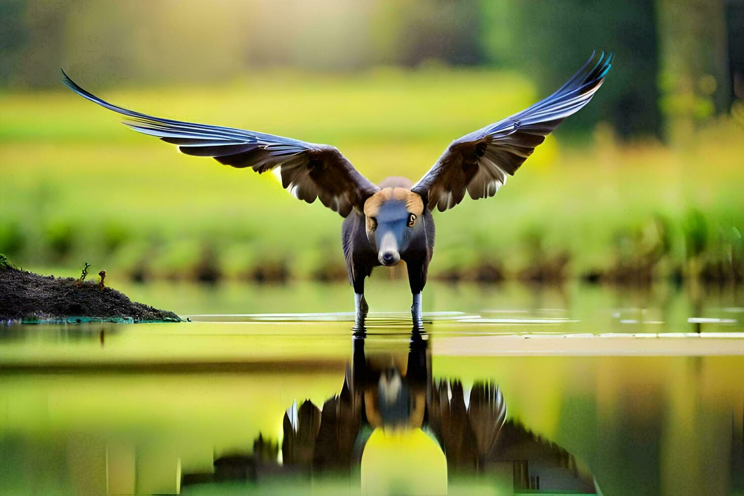 une oiseau avec ailes propager en dehors dans le l'eau. généré par ai photo