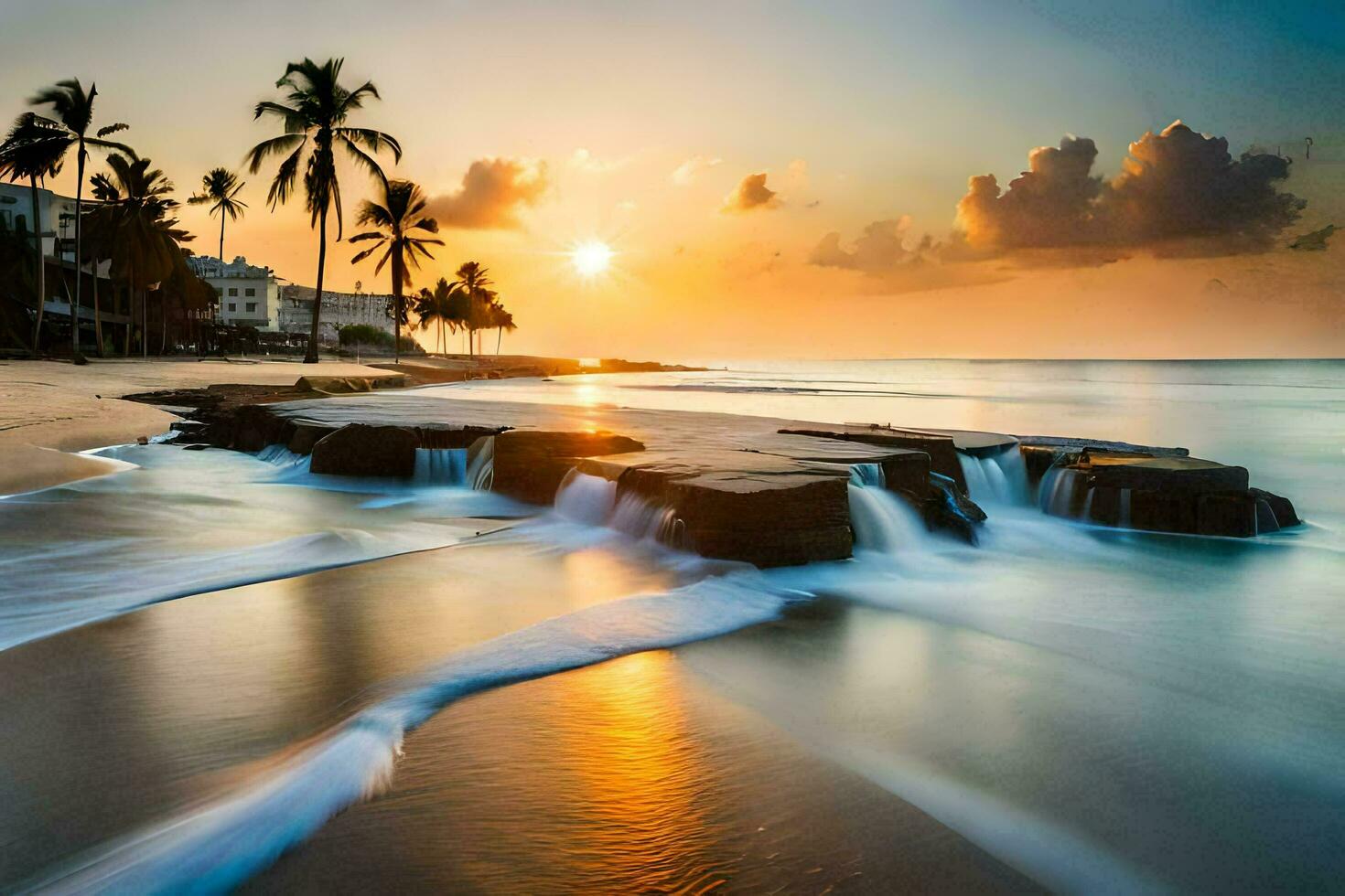 le Soleil ensembles plus de le océan et vagues s'écraser dans le rive. généré par ai photo