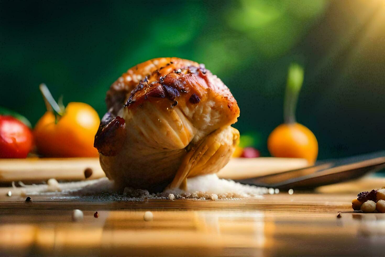 une poulet sur une Coupe planche avec tomates et épices. généré par ai photo