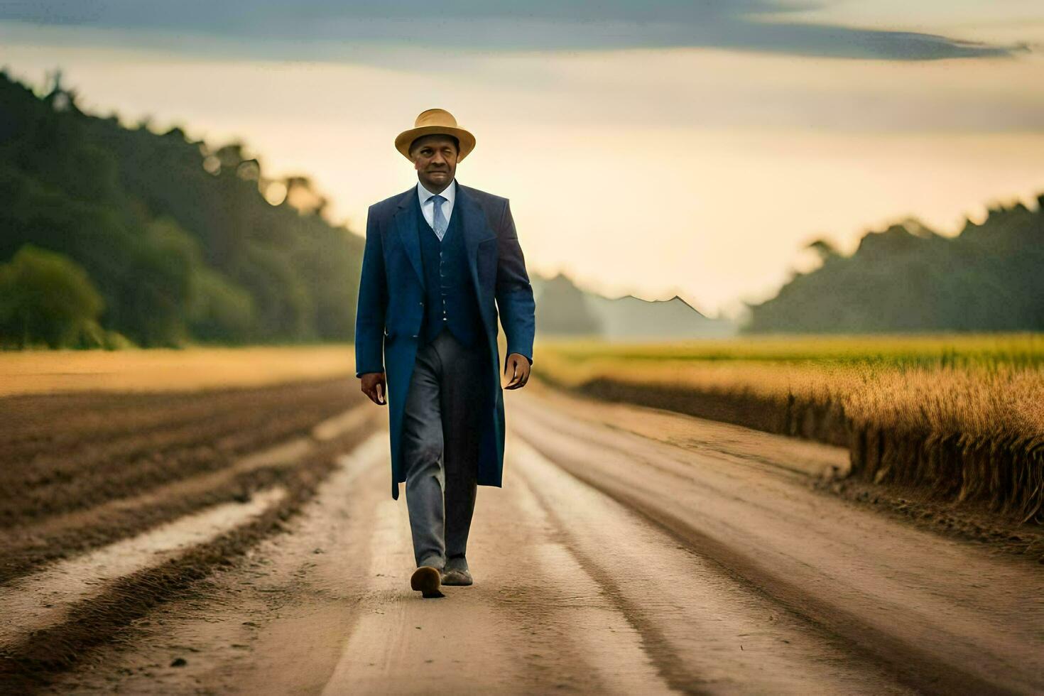 une homme dans une costume et chapeau en marchant vers le bas une saleté route. généré par ai photo