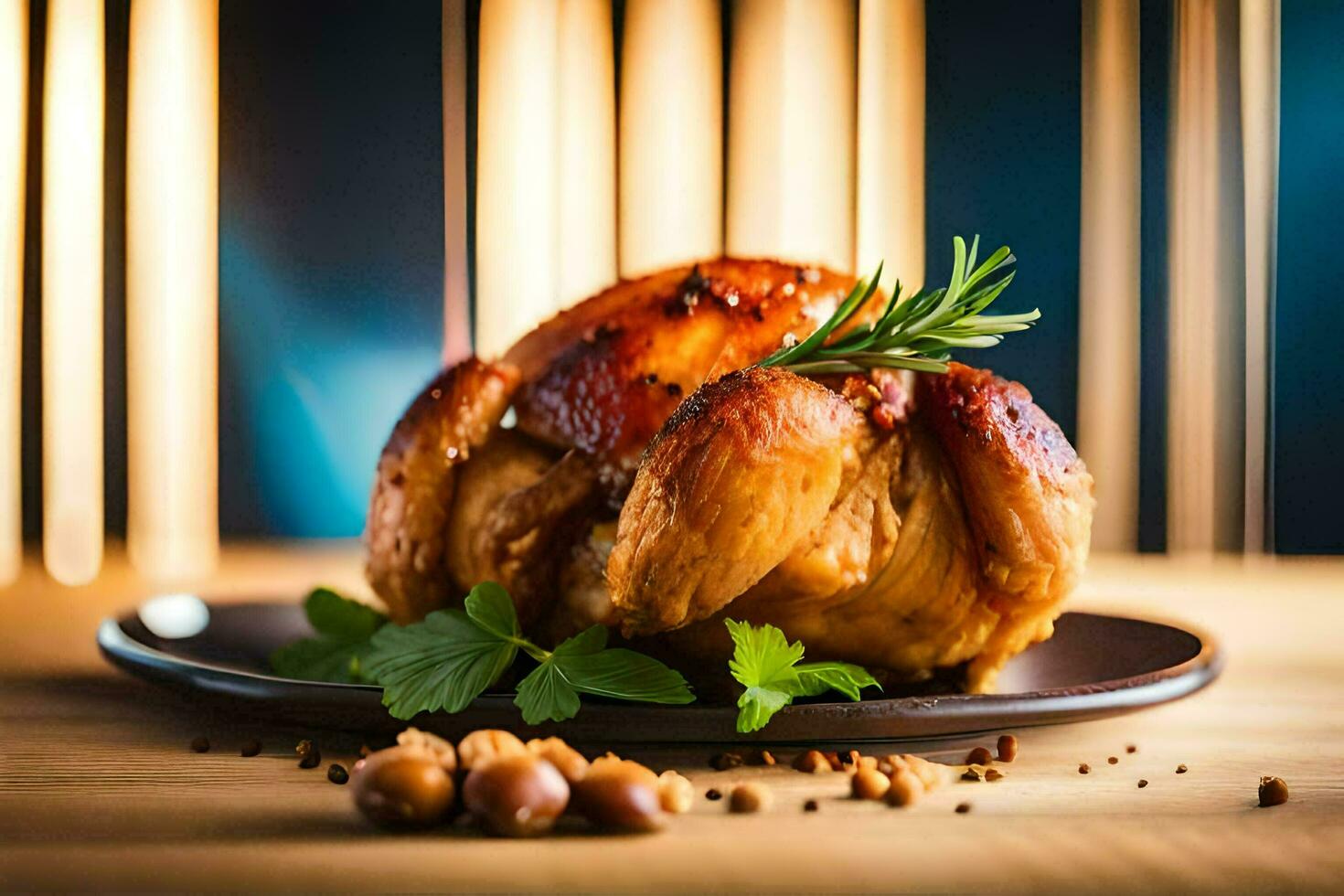 rôti poulet sur une assiette avec herbes et épices. généré par ai photo