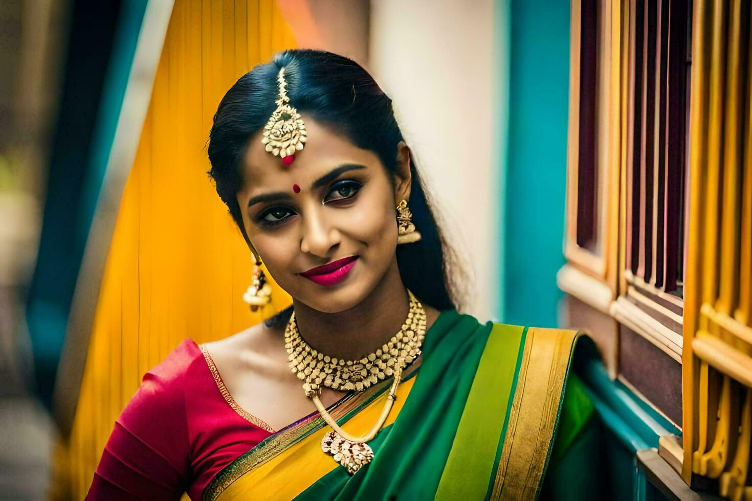 une magnifique femme dans une coloré sari. généré par ai photo