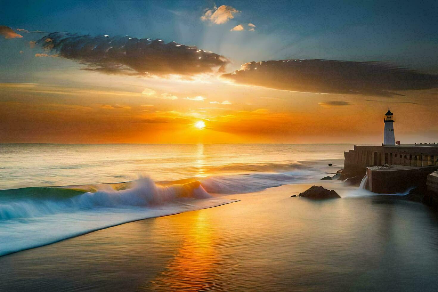 le Soleil monte plus de le océan et vagues s'écraser dans le rive. généré par ai photo