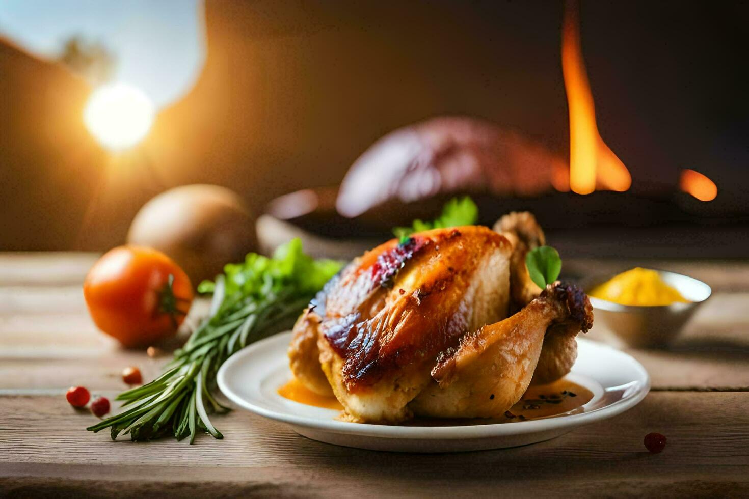 une rôti poulet sur une assiette avec des légumes et herbes. généré par ai photo