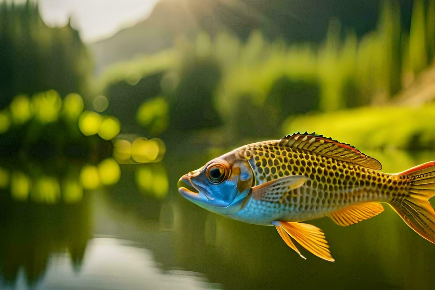 poisson dans le l'eau avec une vert Contexte. généré par ai photo