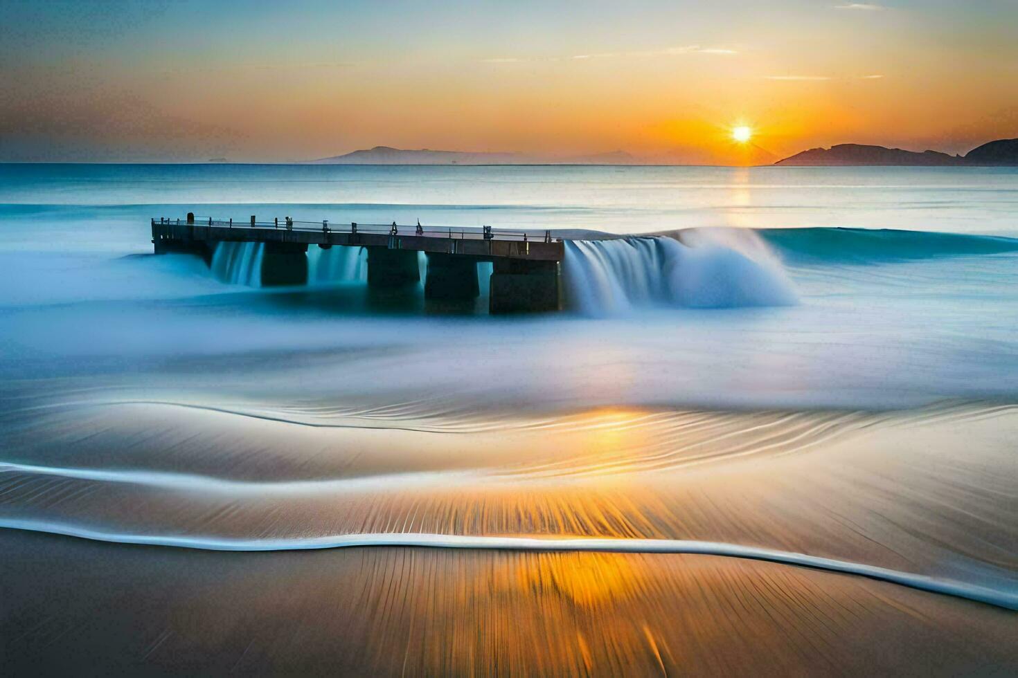 une jetée sur le plage à le coucher du soleil. généré par ai photo