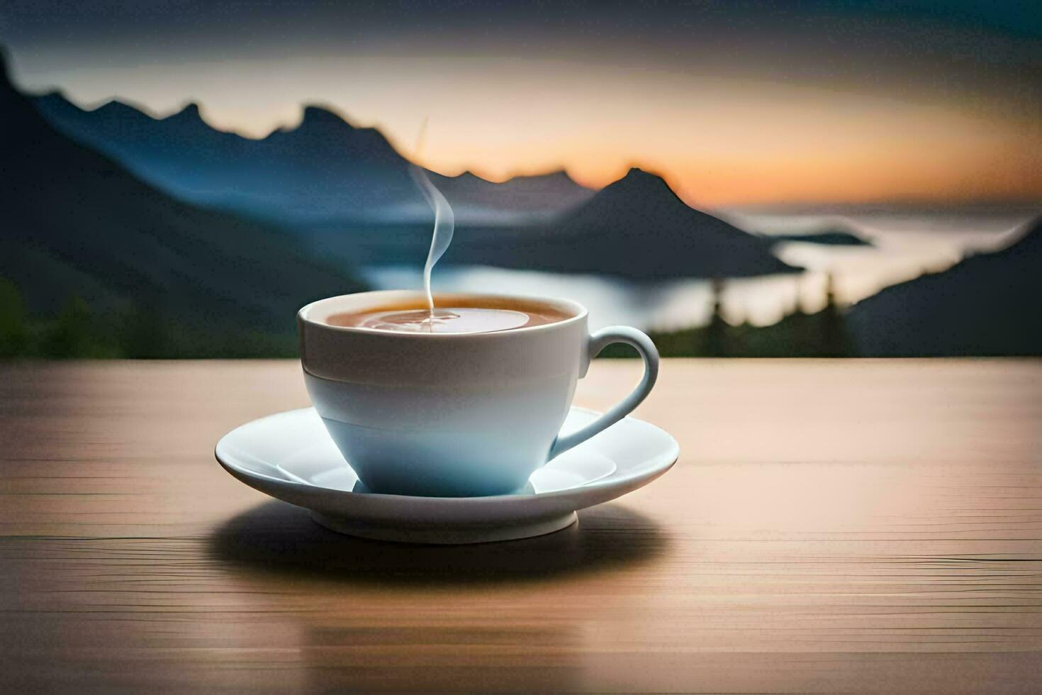 café tasse sur le table avec montagnes dans le Contexte. généré par ai photo