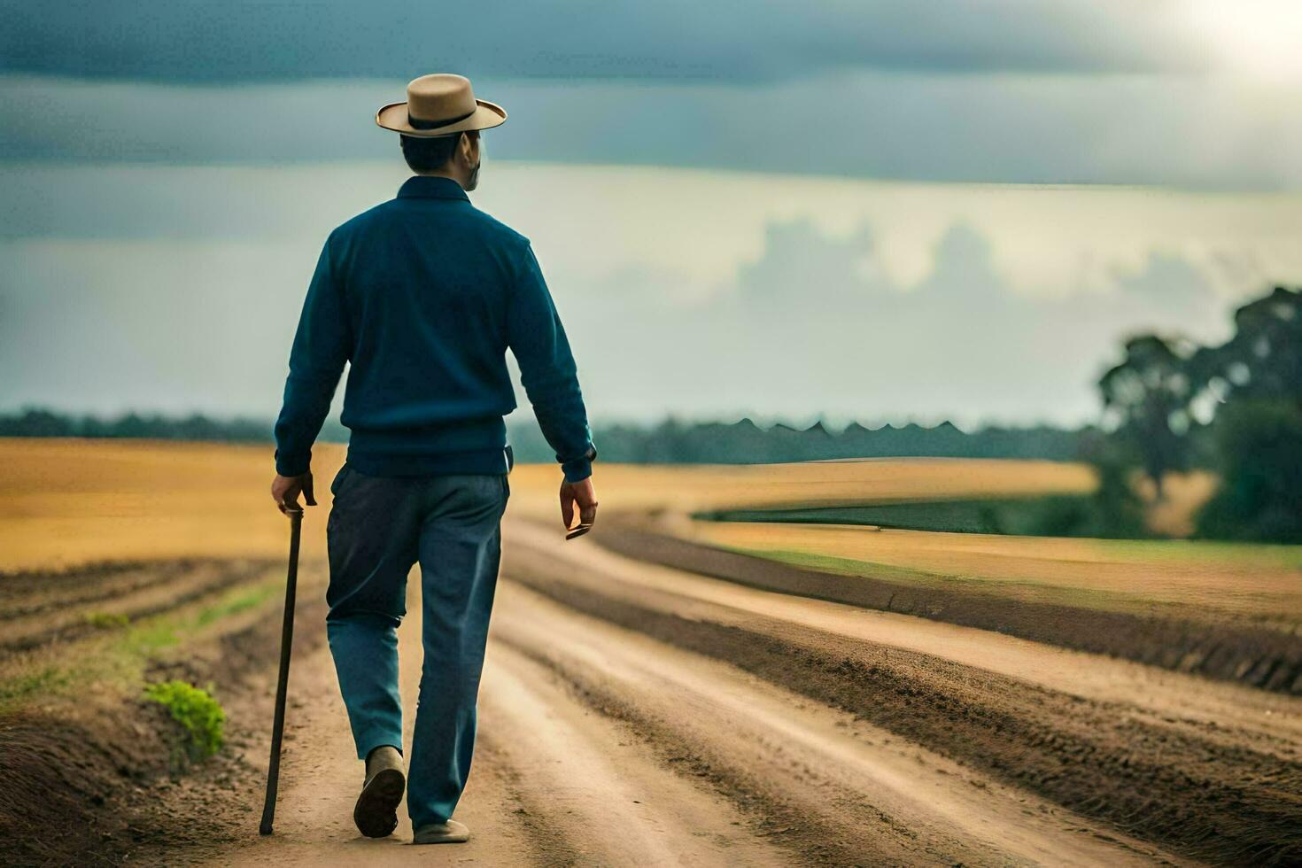 une homme en marchant vers le bas une saleté route avec une canne. généré par ai photo