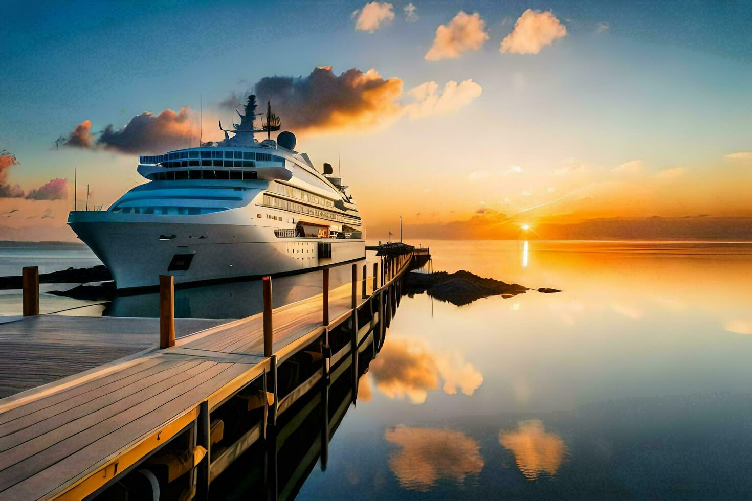 une luxe yacht amarré à le coucher du soleil. généré par ai photo