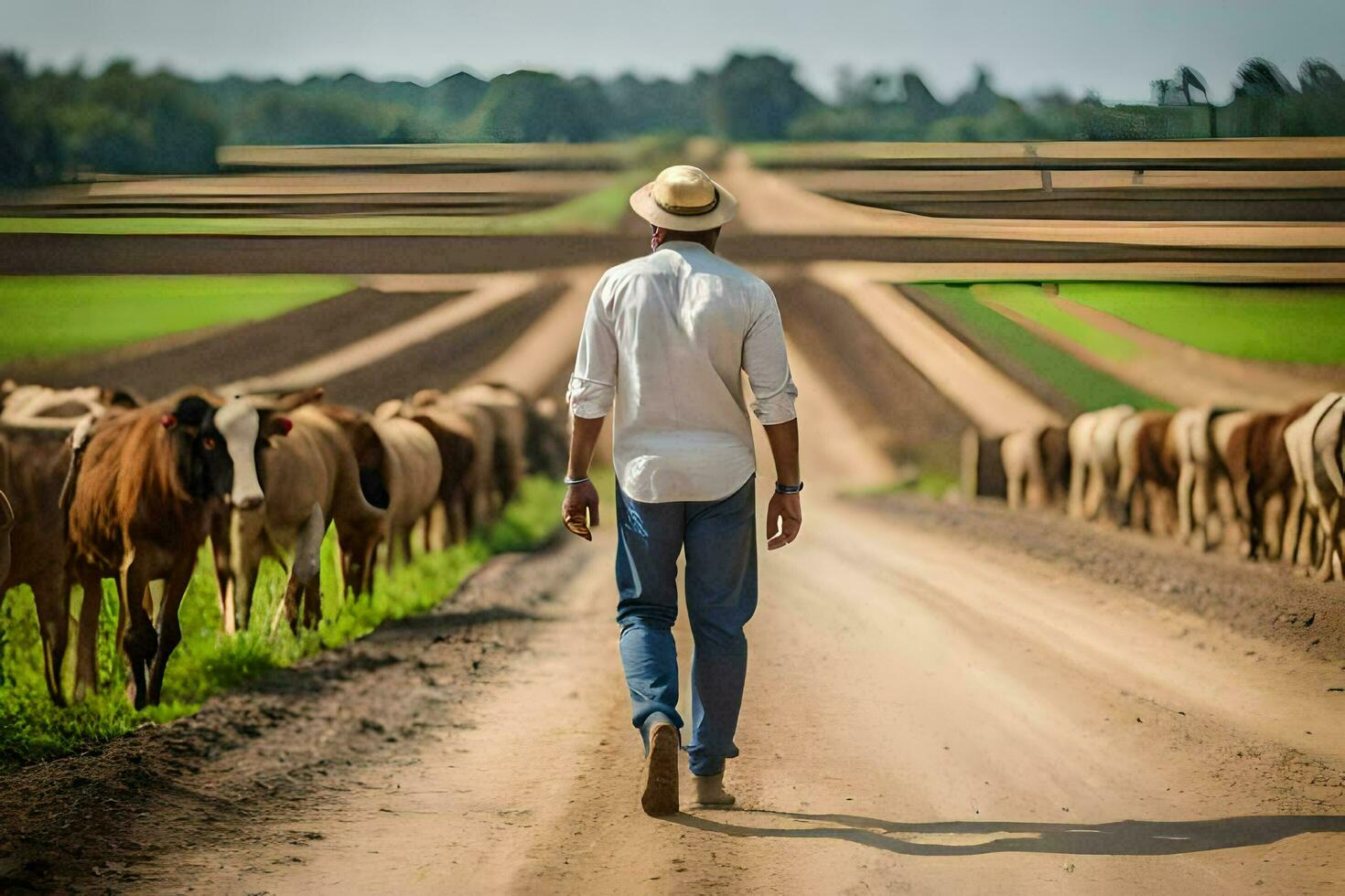 une homme en marchant vers le bas une saleté route avec vaches dans le Contexte. généré par ai photo