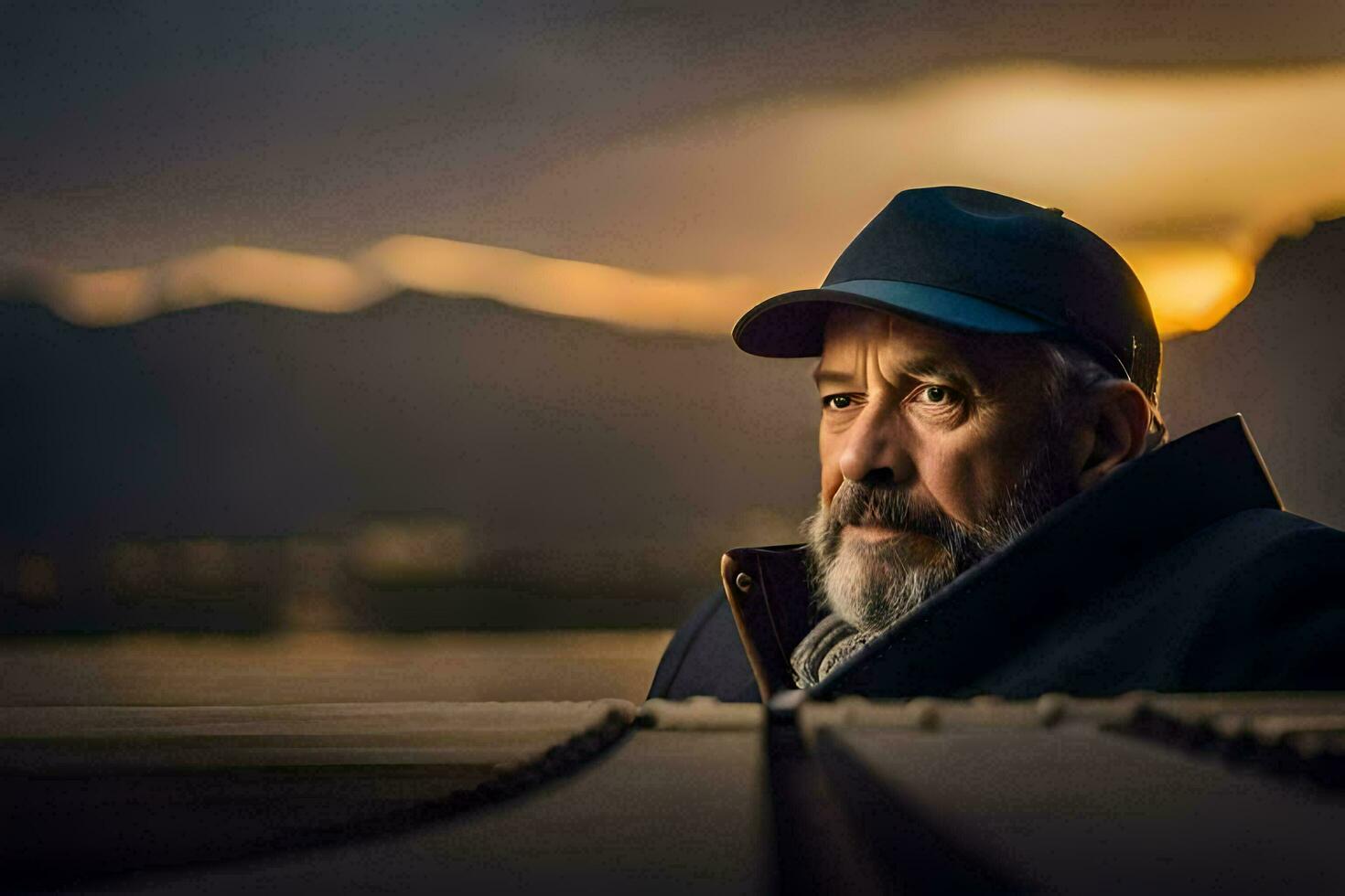 une homme avec une barbe et chapeau séance sur une banc. généré par ai photo