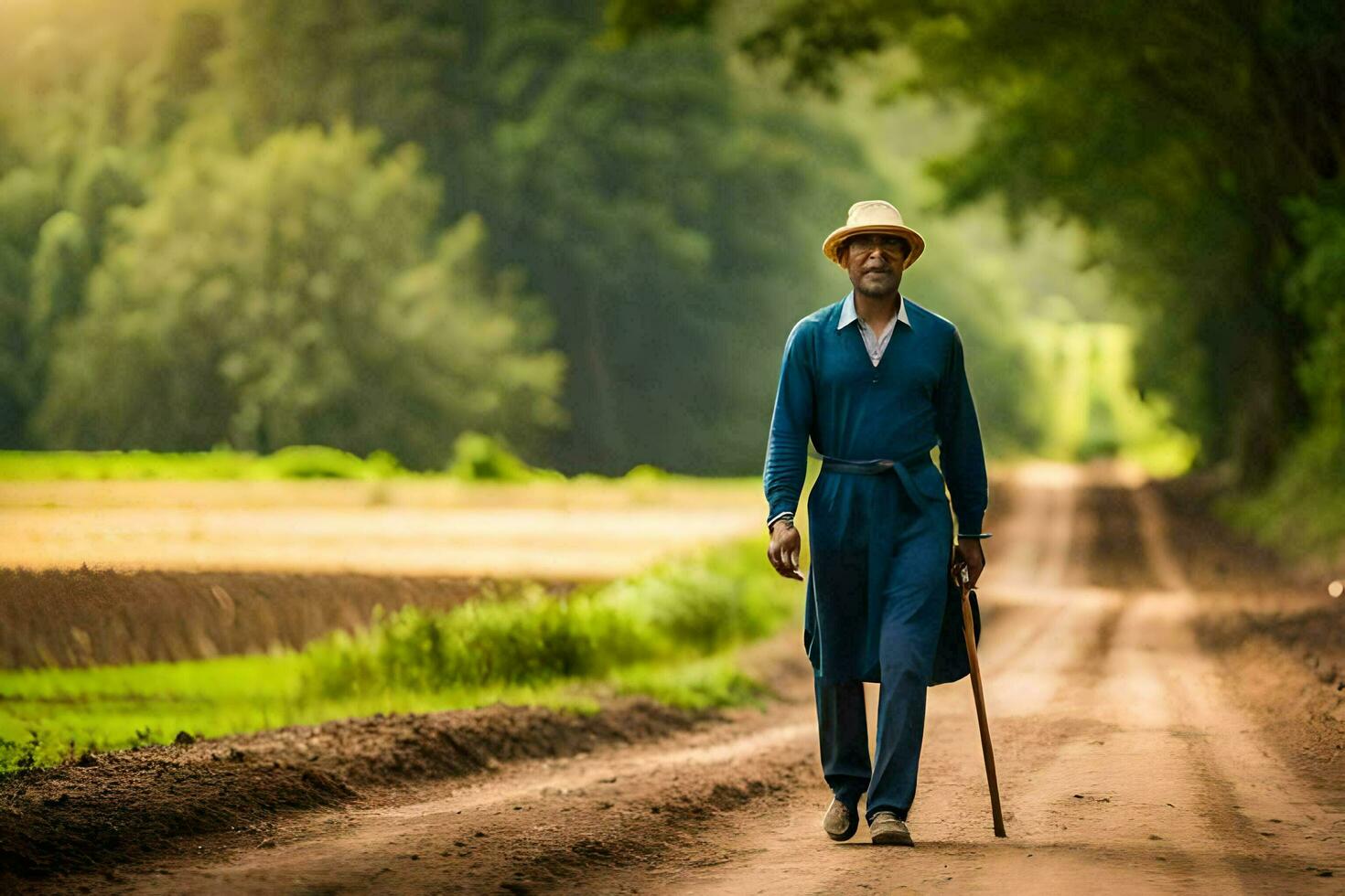 un vieux homme en marchant vers le bas une saleté route. généré par ai photo