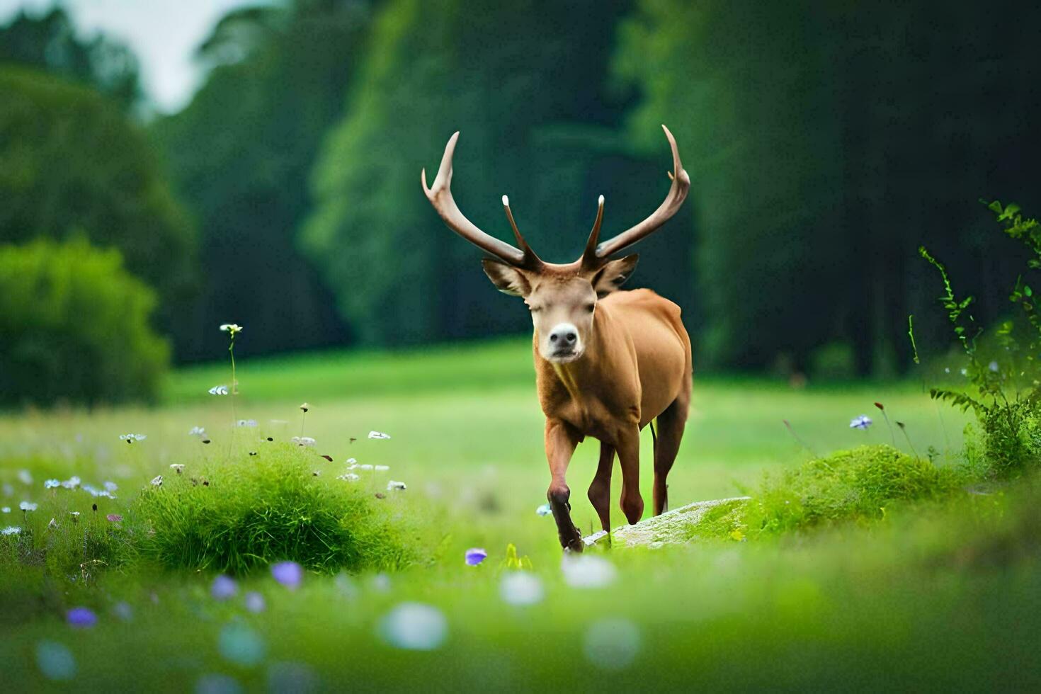 une cerf avec grand bois en marchant par une champ. généré par ai photo