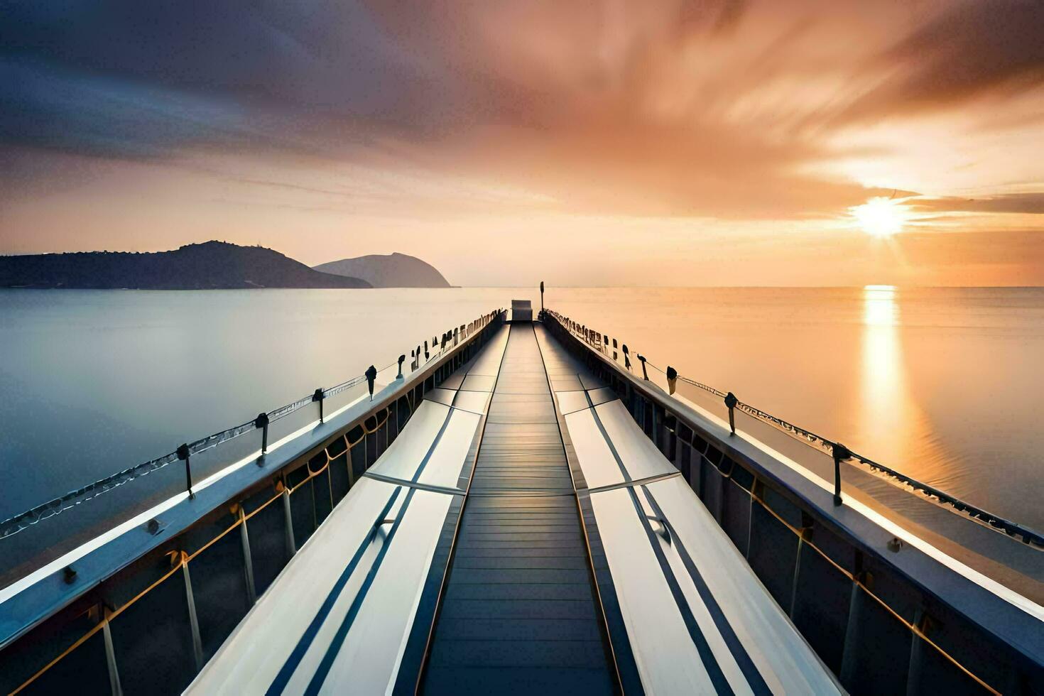 une longue pont de premier plan à le océan à le coucher du soleil. généré par ai photo