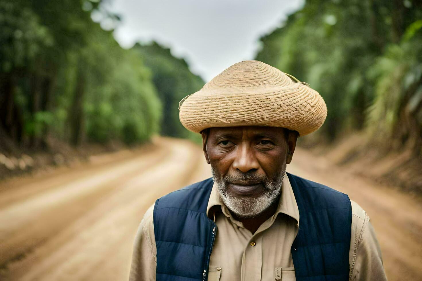 une homme portant une paille chapeau des stands sur une saleté route. généré par ai photo