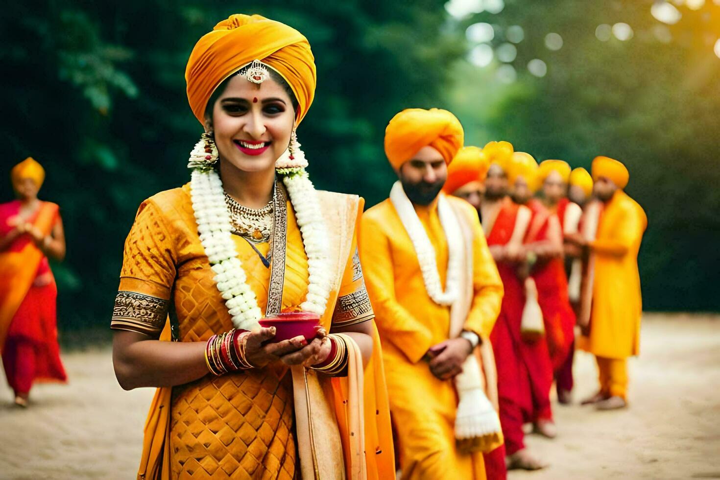 une femme dans une Jaune turban et une groupe de personnes. généré par ai photo