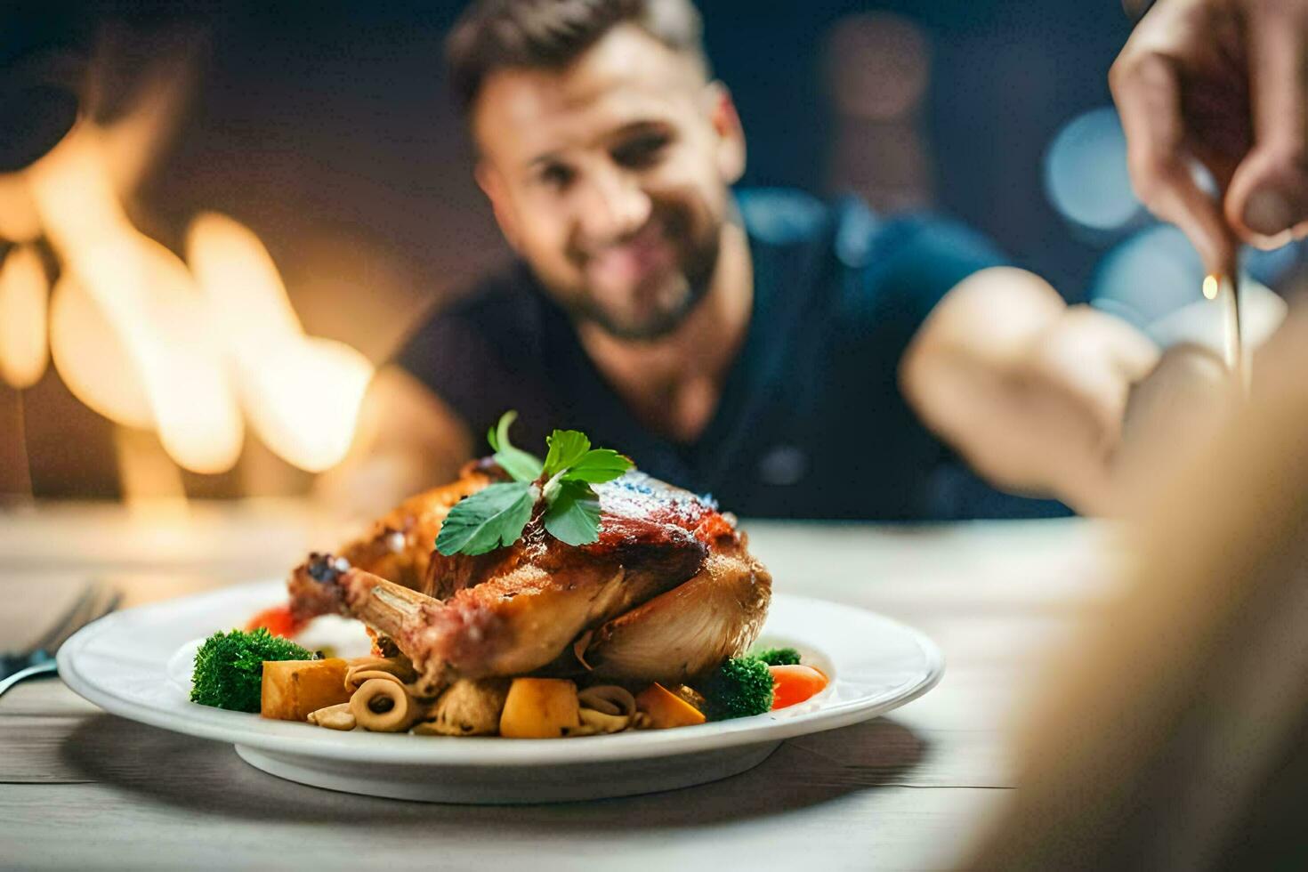 une homme est en portant une assiette de nourriture avec une Feu dans le Contexte. généré par ai photo