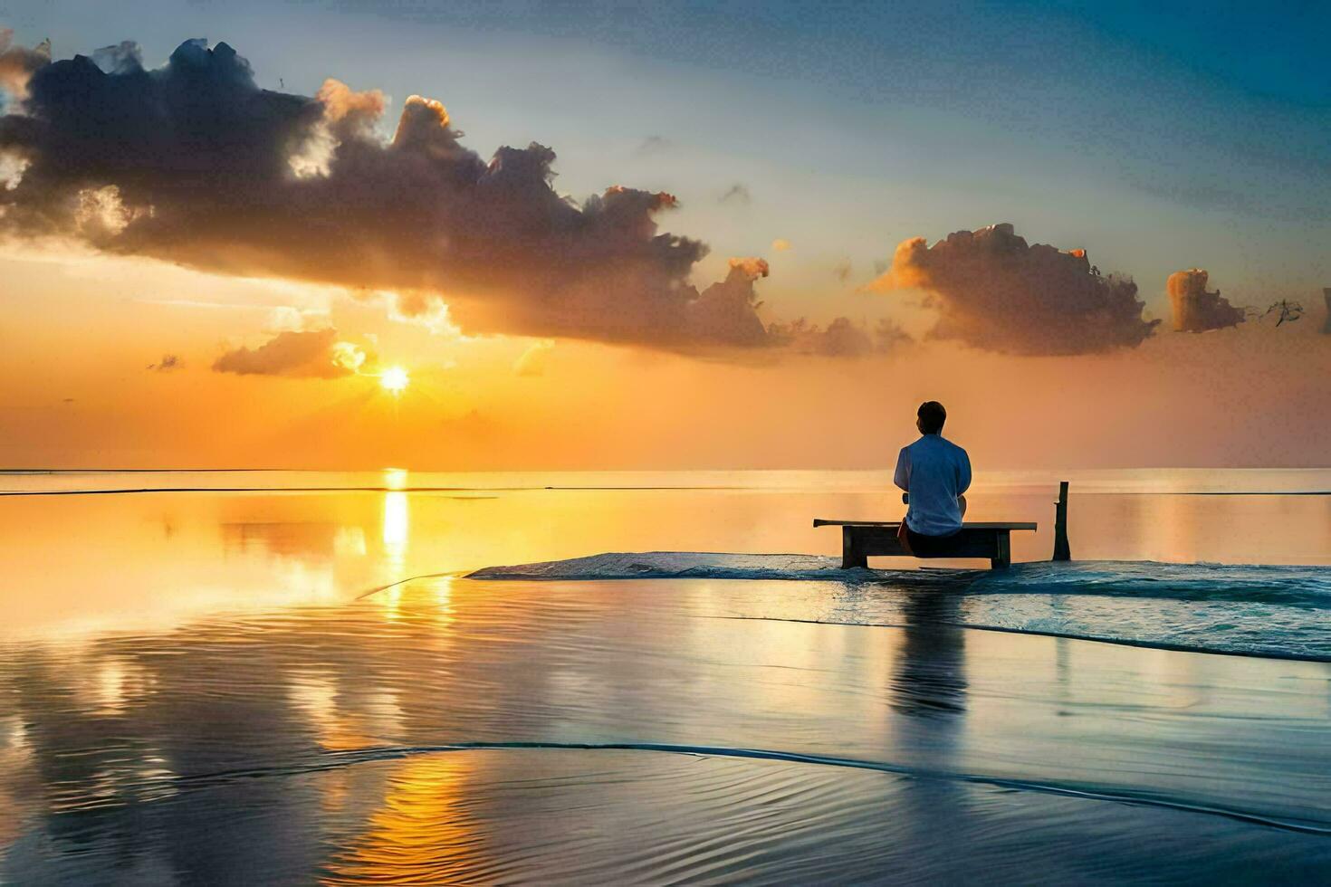 une homme est assis sur une banc à le coucher du soleil sur le plage. généré par ai photo