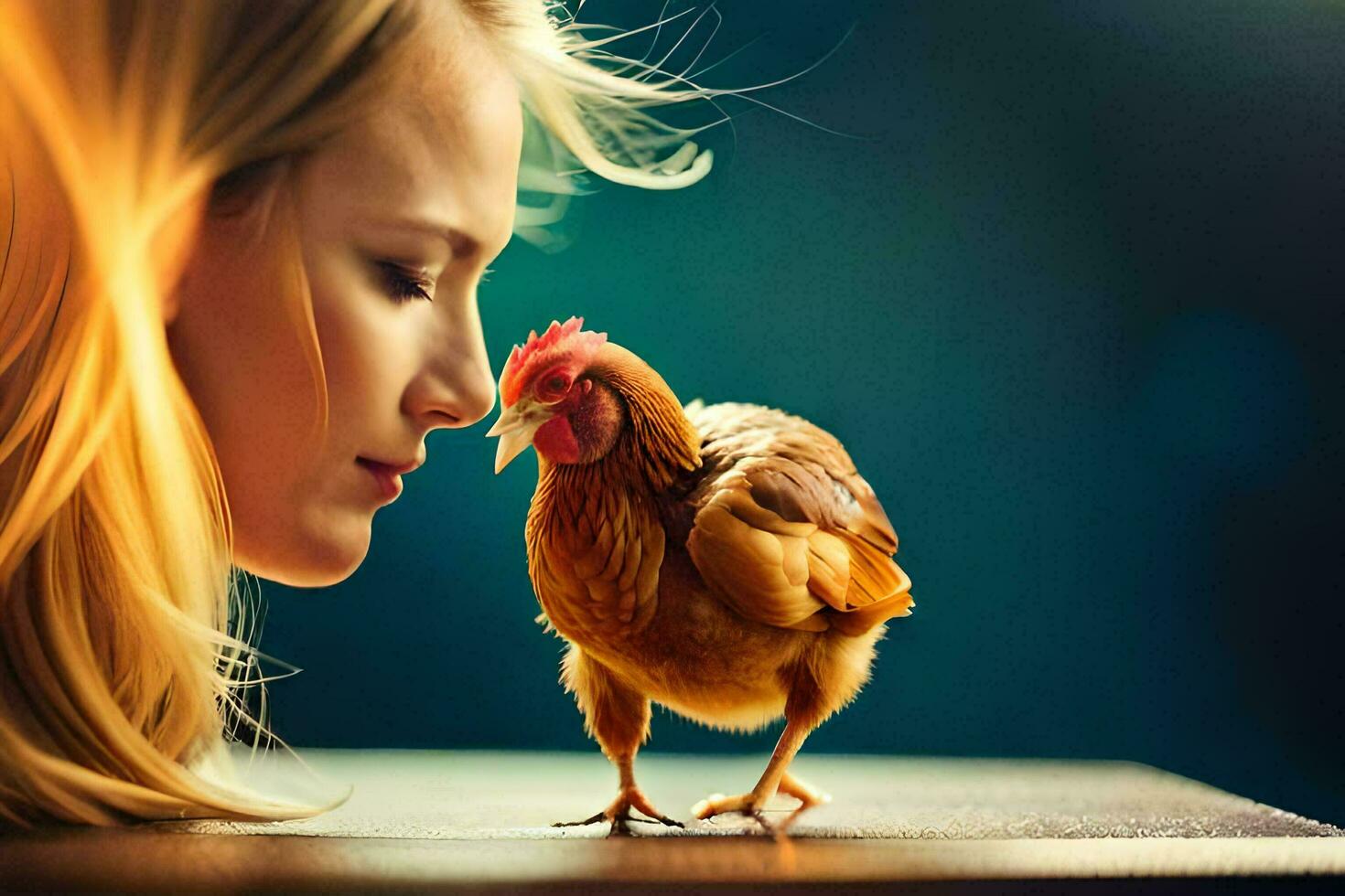 une femme est à la recherche à une poulet. généré par ai photo