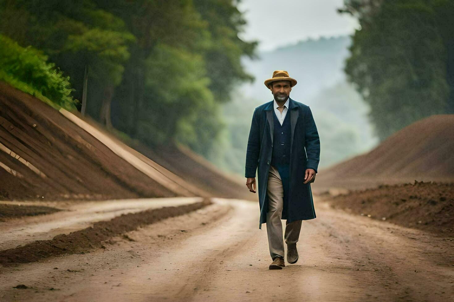 une homme dans une chapeau et manteau en marchant vers le bas une saleté route. généré par ai photo