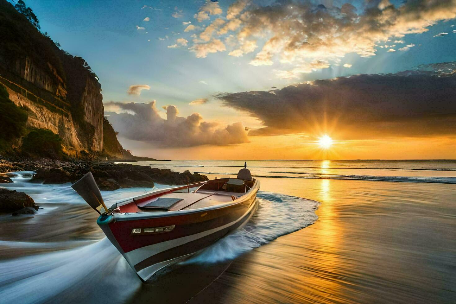 une bateau sur le plage à le coucher du soleil. généré par ai photo