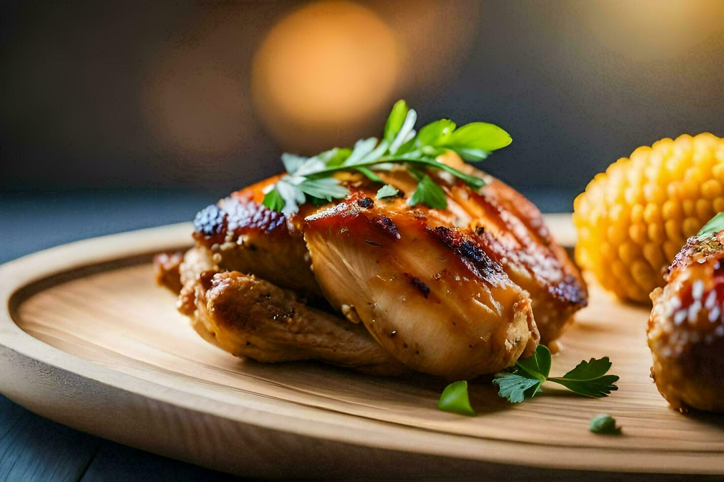 grillé poulet sur une en bois Coupe planche avec maïs. généré par ai photo