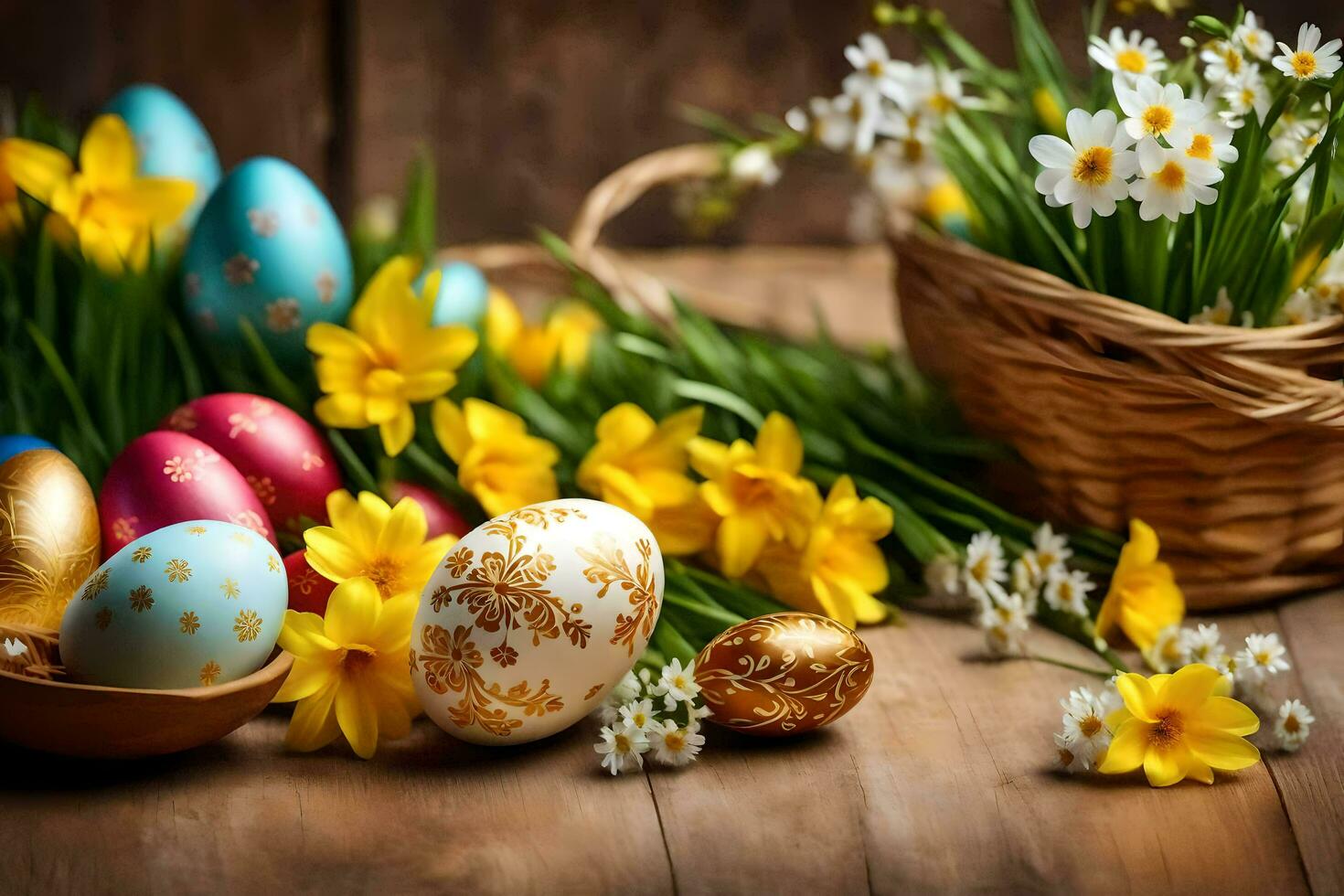 Pâques des œufs et jonquilles sur une en bois tableau. généré par ai photo