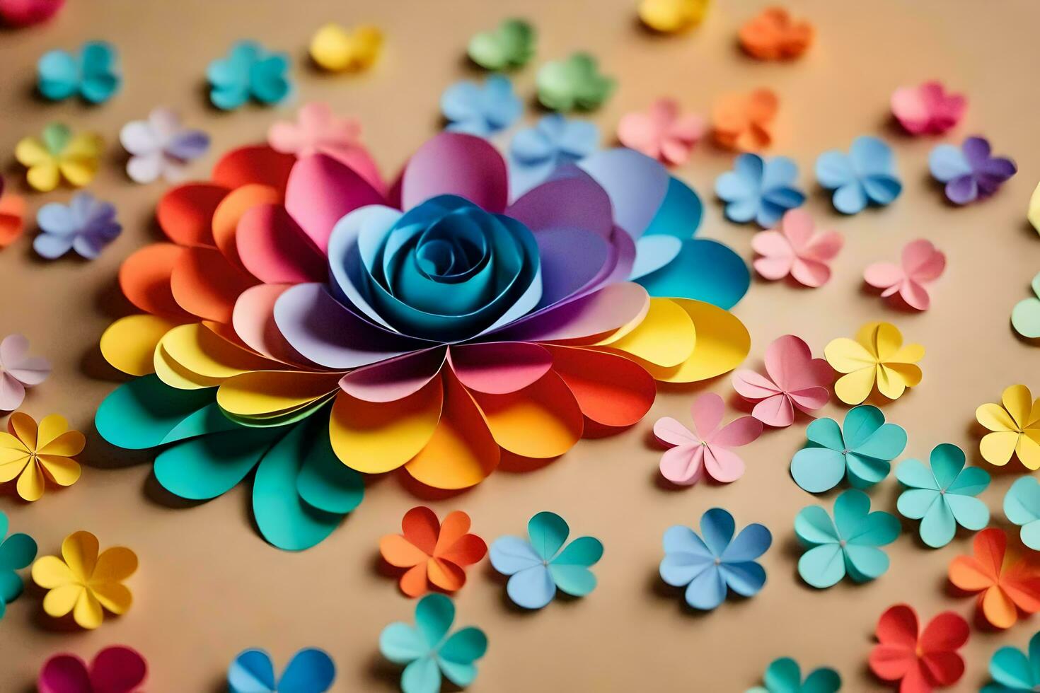 une coloré papier fleur est entouré par beaucoup différent coloré fleurs. généré par ai photo