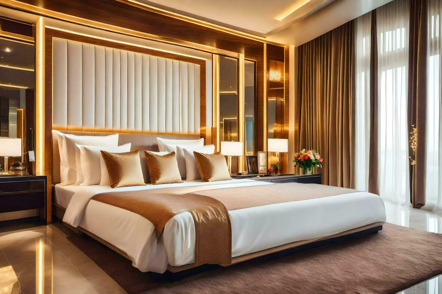 une lit ou des lits dans une pièce à le ritz Carlton, Bangkok. généré par ai photo