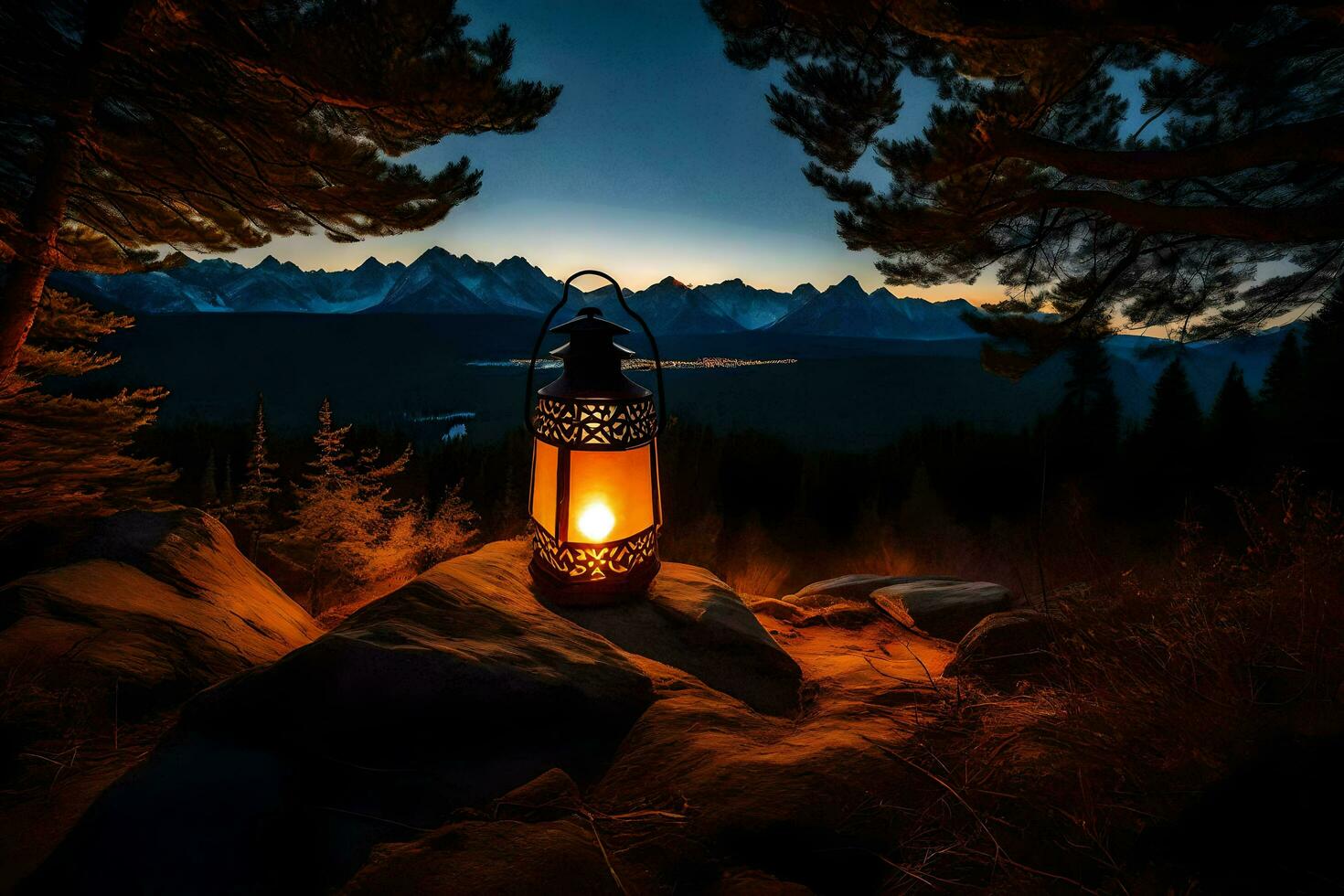 une lanterne allumé sur une Roche dans le milieu de une forêt. généré par ai photo