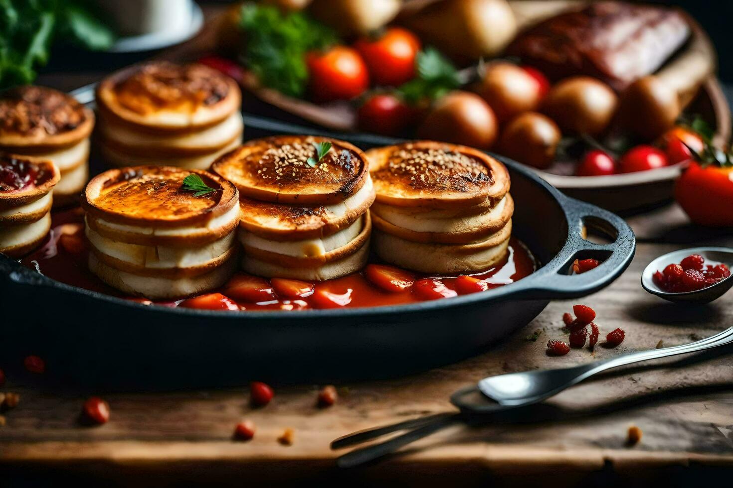 Crêpes dans une poêlon avec tomate sauce. généré par ai photo