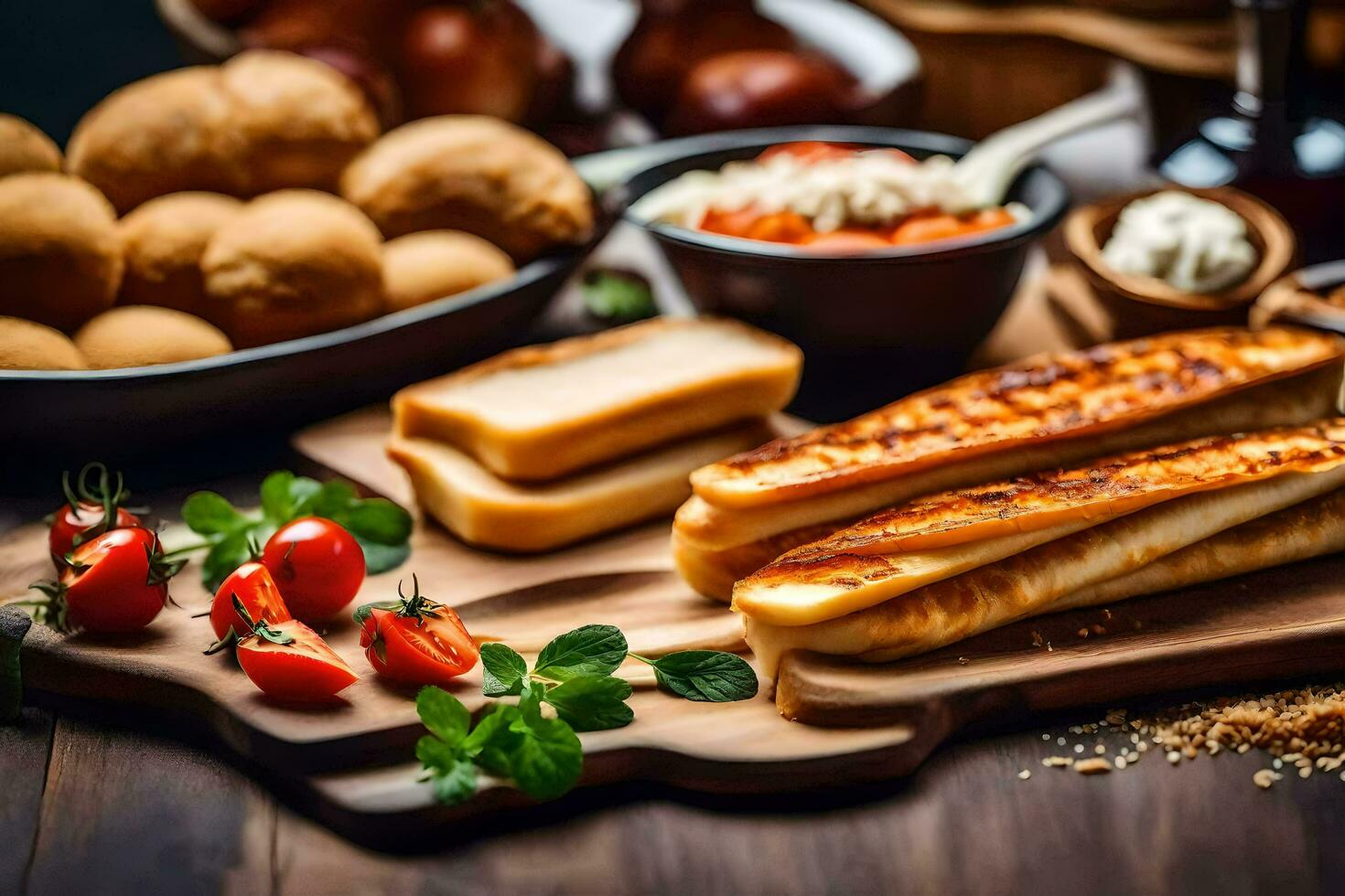 une en bois Coupe planche avec pain, tomates et autre ingrédients. généré par ai photo