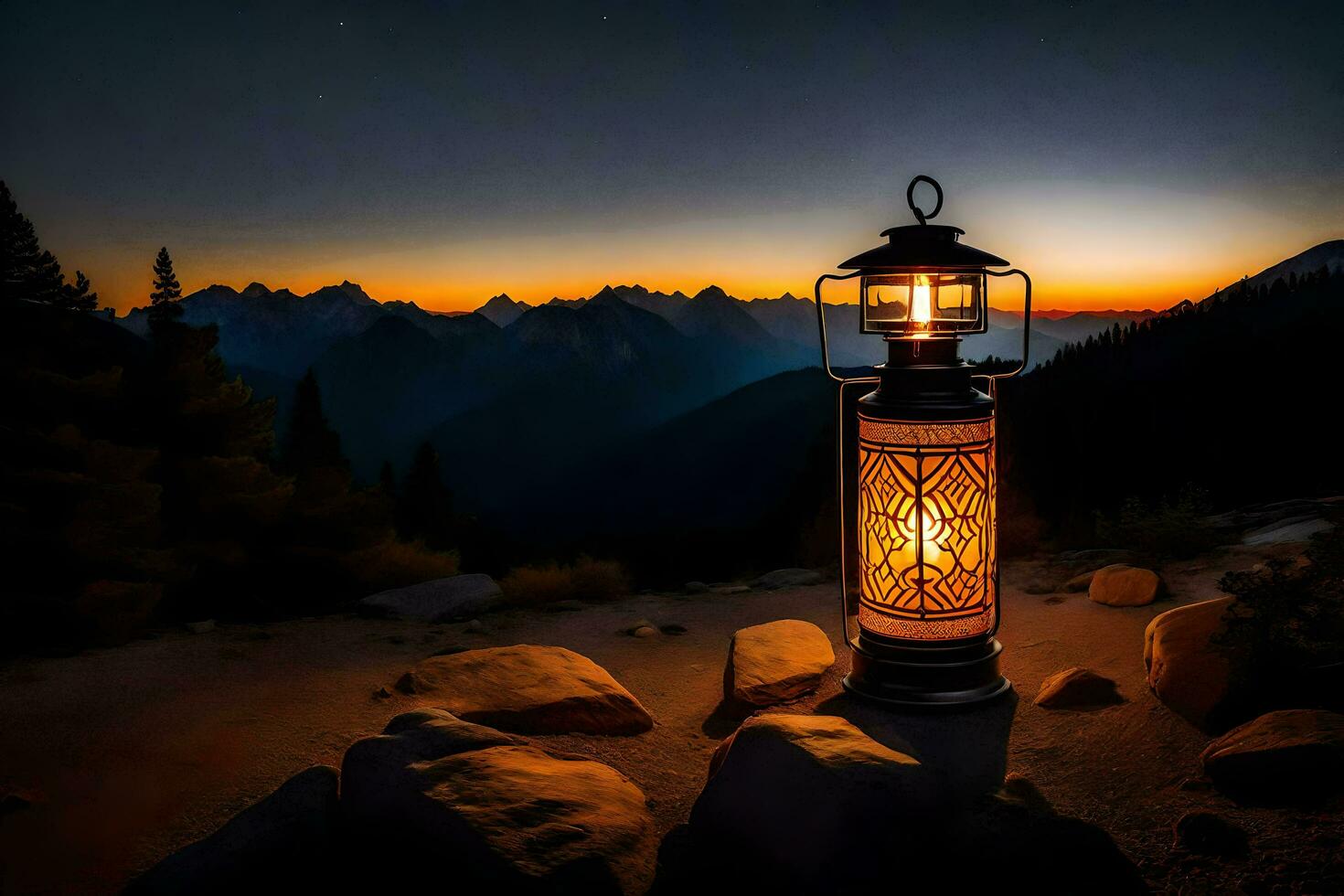 une lanterne allumé en haut dans le montagnes à le coucher du soleil. généré par ai photo