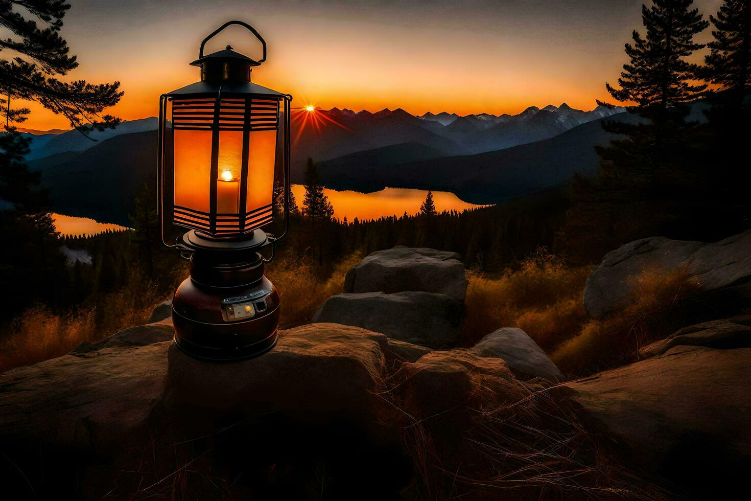 une lanterne est allumé sur Haut de une Montagne à le coucher du soleil. généré par ai photo