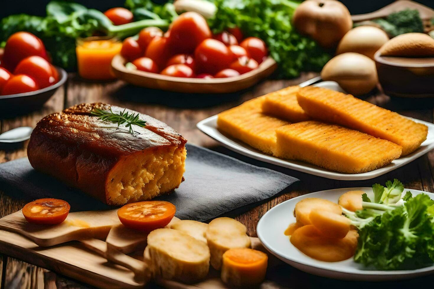 une variété de nourriture comprenant pain, patates, des légumes et autre nourriture. généré par ai photo