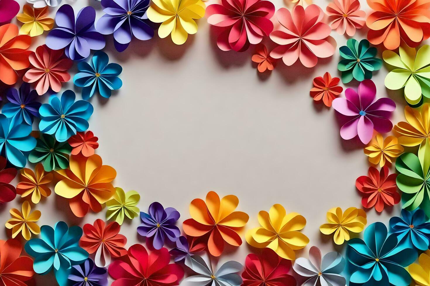 coloré papier fleurs arrangé dans une cercle sur une lumière Contexte. généré par ai photo